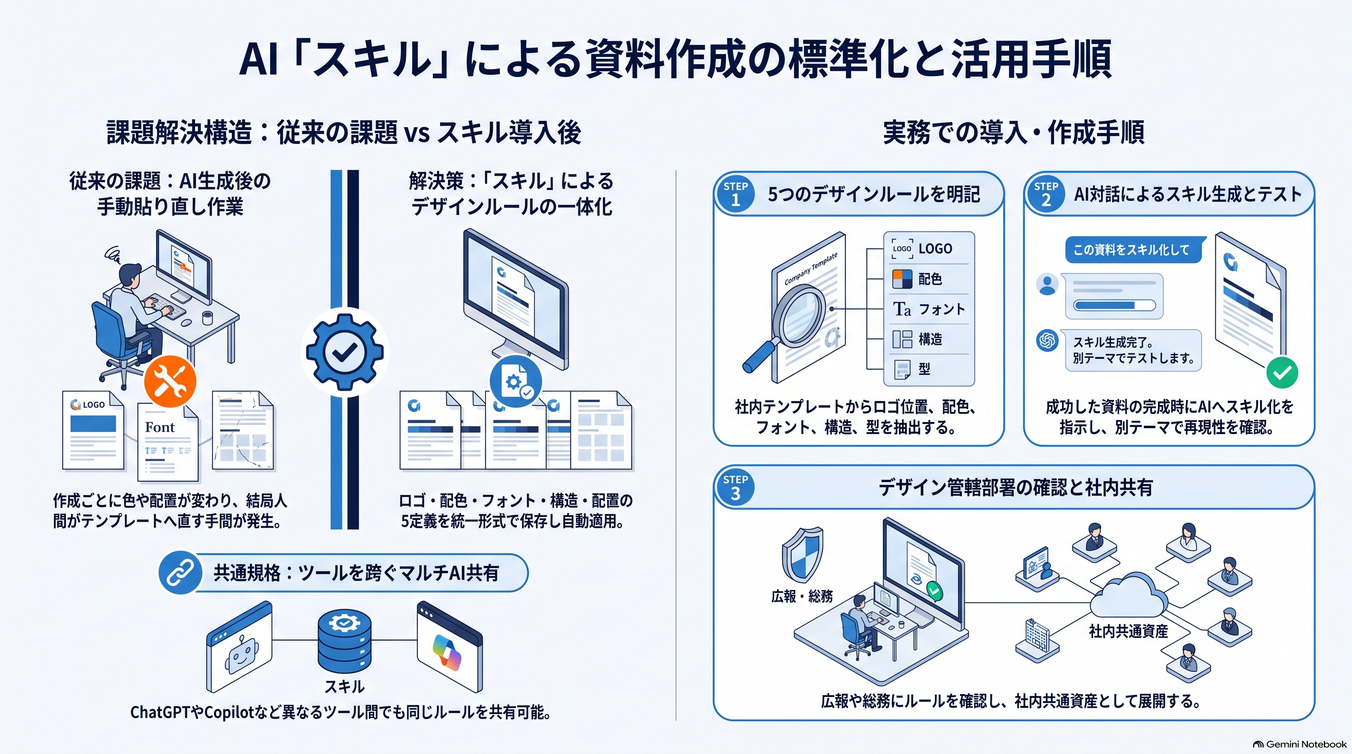 AI『スキル』による資料作成の標準化と活用手順、「課題解決構造」として従来の課題(手動での貼り直し)とスキル導入による解決策(デザインルールの自動適用とChatGPT/CopilotでのマルチAI共有)を、「実務での導入・作成手順」としてSTEP 1(デザインルール明記)、STEP 2(AI対話によるスキル生成)、STEP 3(デザイン管轄部署の確認と社内共有)