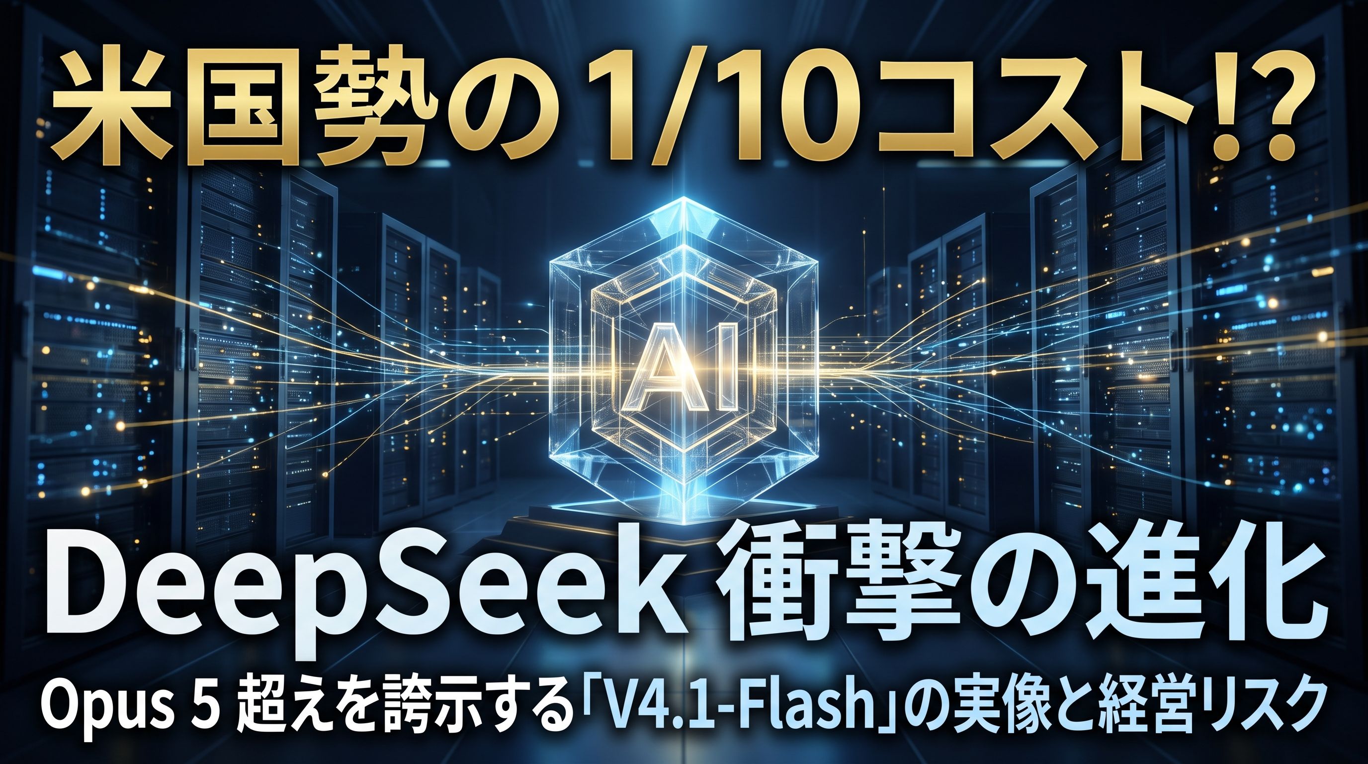 「米国勢の1/10コスト!?」と黄色い文字で、中央に「DeepSeek衝撃の進化」と白い大文字で、下部に「Opus 5超えを誇示する『V4.1-Flash』の実像と経営リスク」
