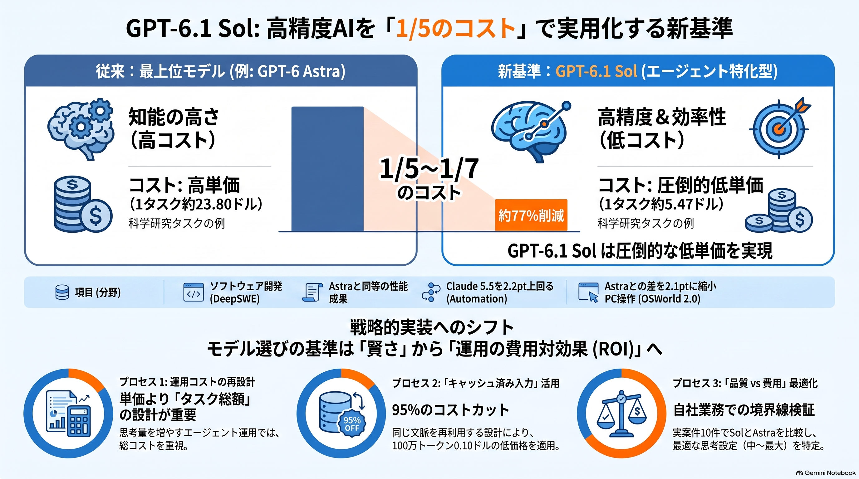GPT-6.1 Solに関する図解。従来モデルと比べてコストを約77%削減し、AIモデル選びの基準が費用対効果（ROI）重視へシフトすることを示した比較表