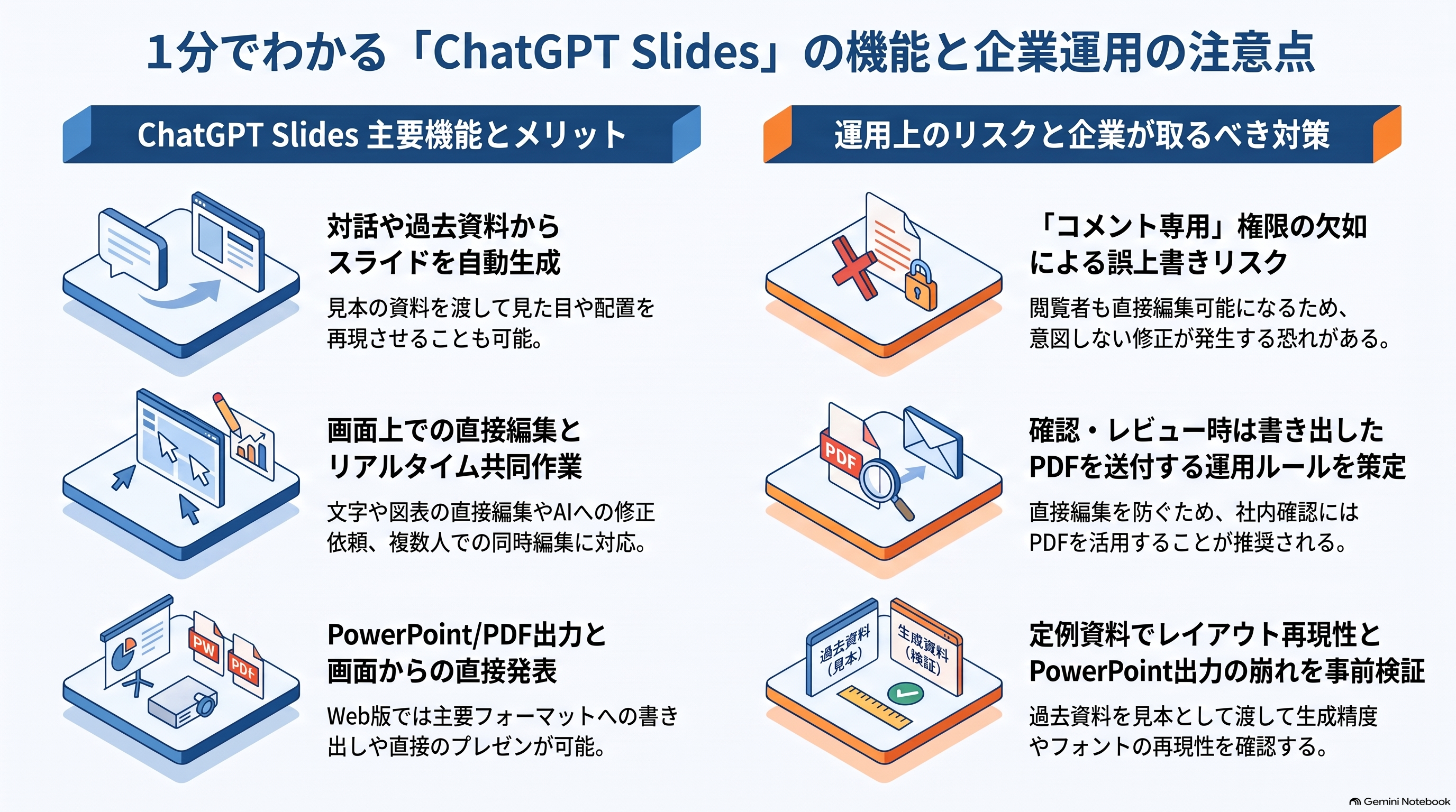 1分でわかる『ChatGPT Slides』の機能と企業運用の注意点、主要機能とメリット（自動生成、共同作業、多形式出力）、運用上のリスクと対策（誤上書きリスク、PDF送付ルール、事前検証）