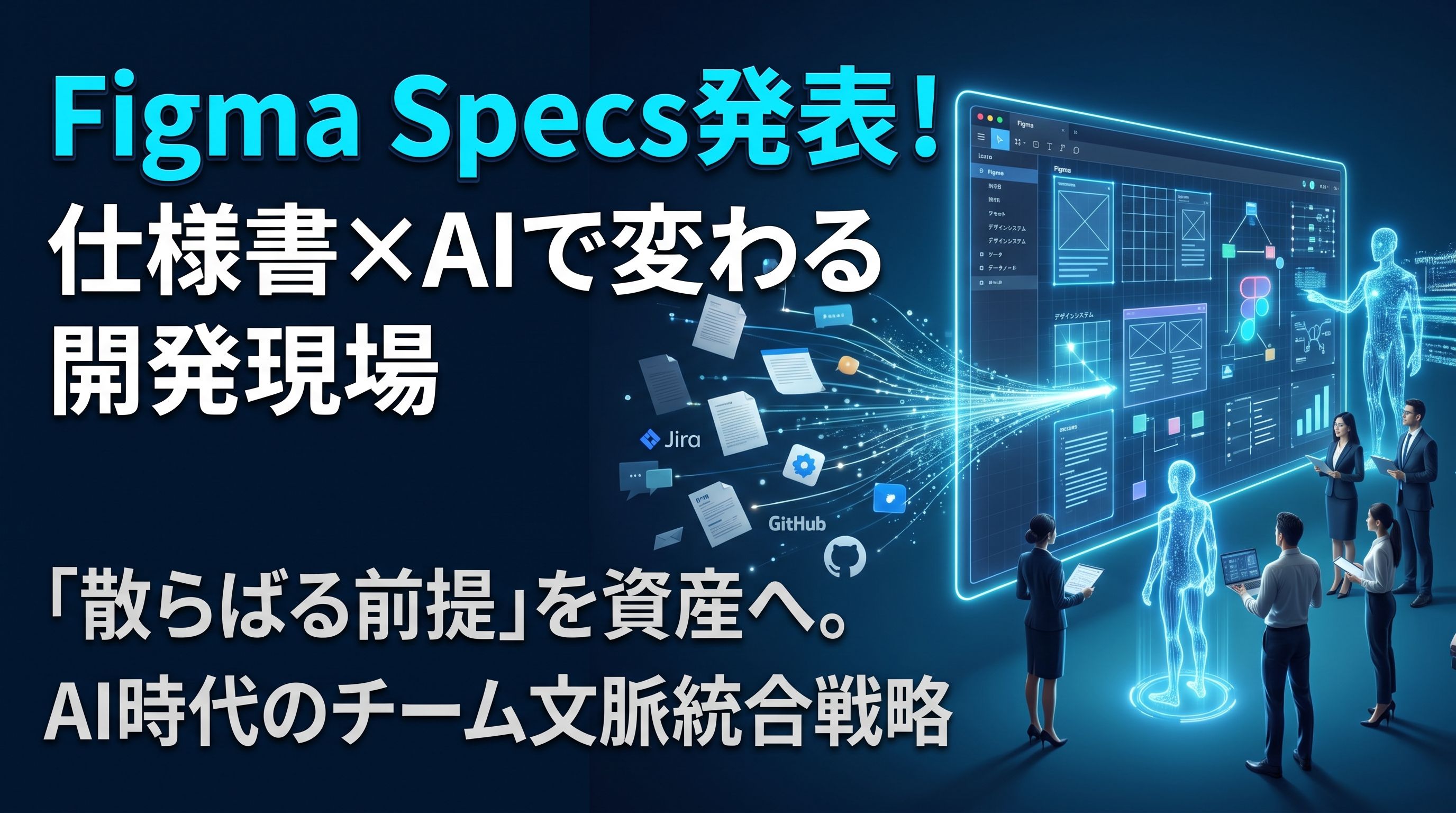 Figma Specs発表!仕様書×AIで変わる開発現場「散らばる前提」を資産へ。AI時代のチーム文脈統合戦略。散乱するツール群がデジタルキャンバスへ統合され、AIと開発チームが協調する未来的なイメージ