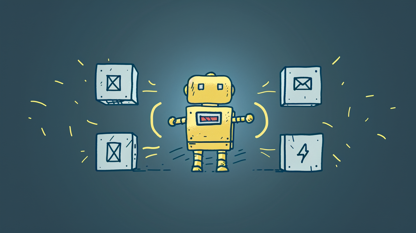 A robot standing between boxes with icons representing different types of tasks