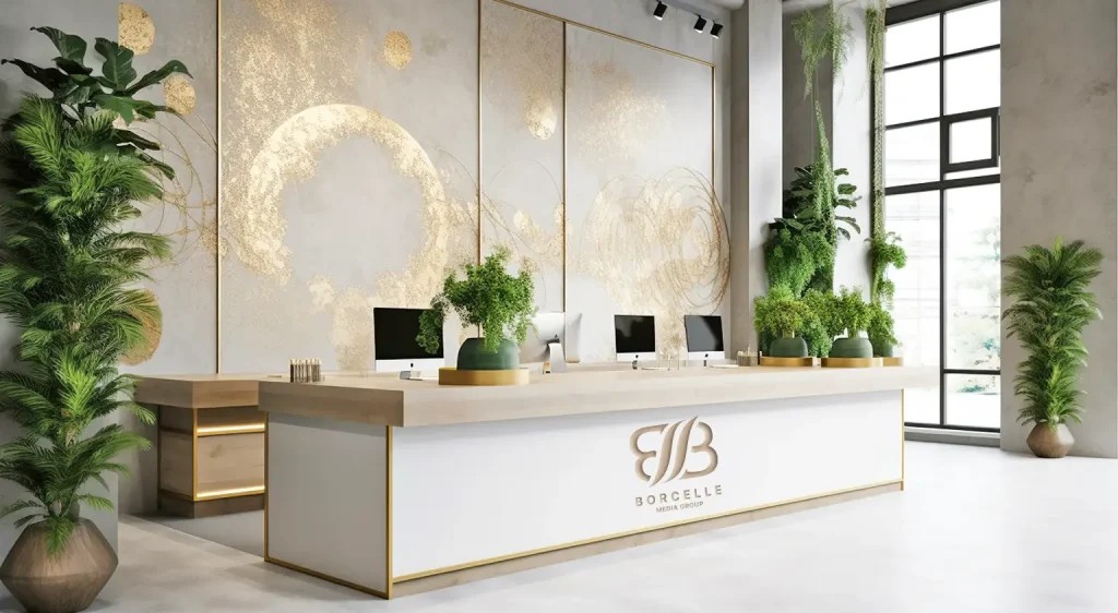 Office signs at the reception area. Signs on reception desk.