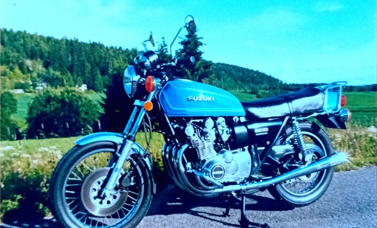 Classic blue Suzuki motorcycle