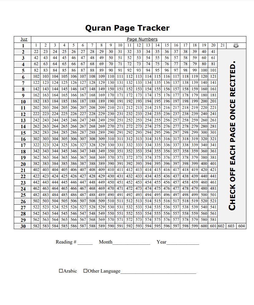 daily quran timetable chart