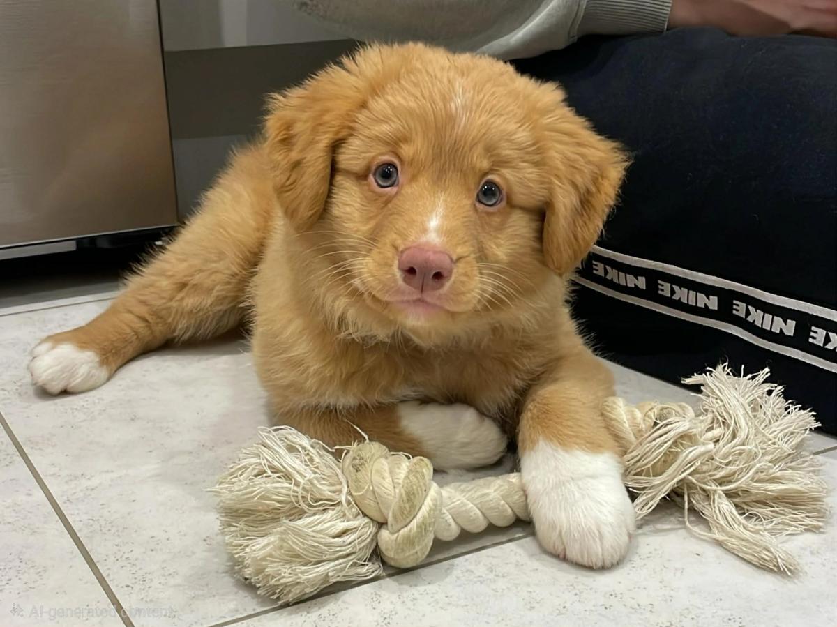 Mishka as a tiny puppy with a rope toy under one paw, looking very much like a potato