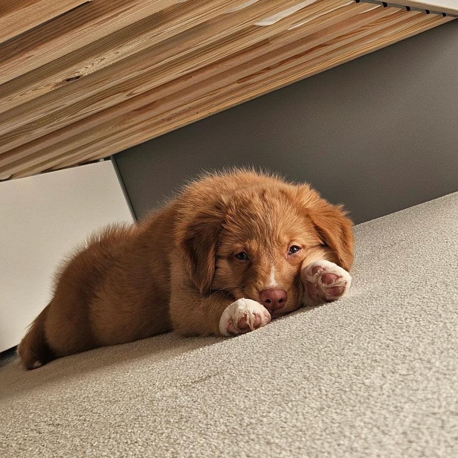 Mishka as a tiny Toller puppy, round and fluffy