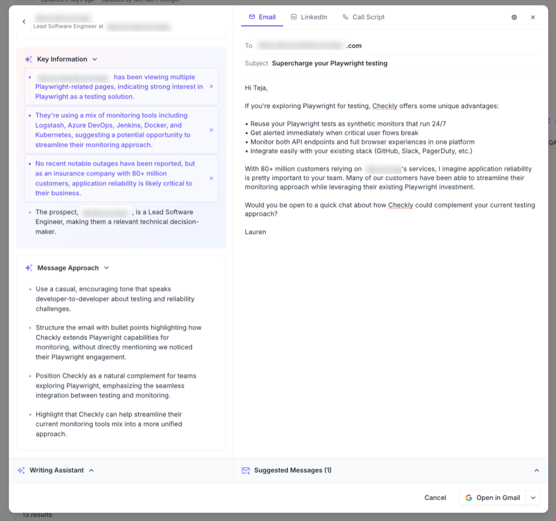 Koala Coach at work—pulling relevant details about the prospect from AI research and CRM data, to combine with Checkly positioning and preferred sales play.