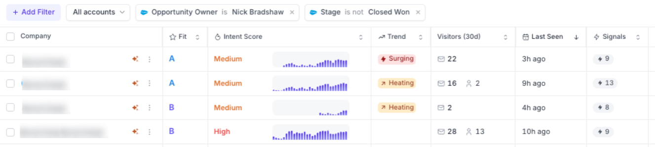 View of Nick's list of high-fit, high-intent leads