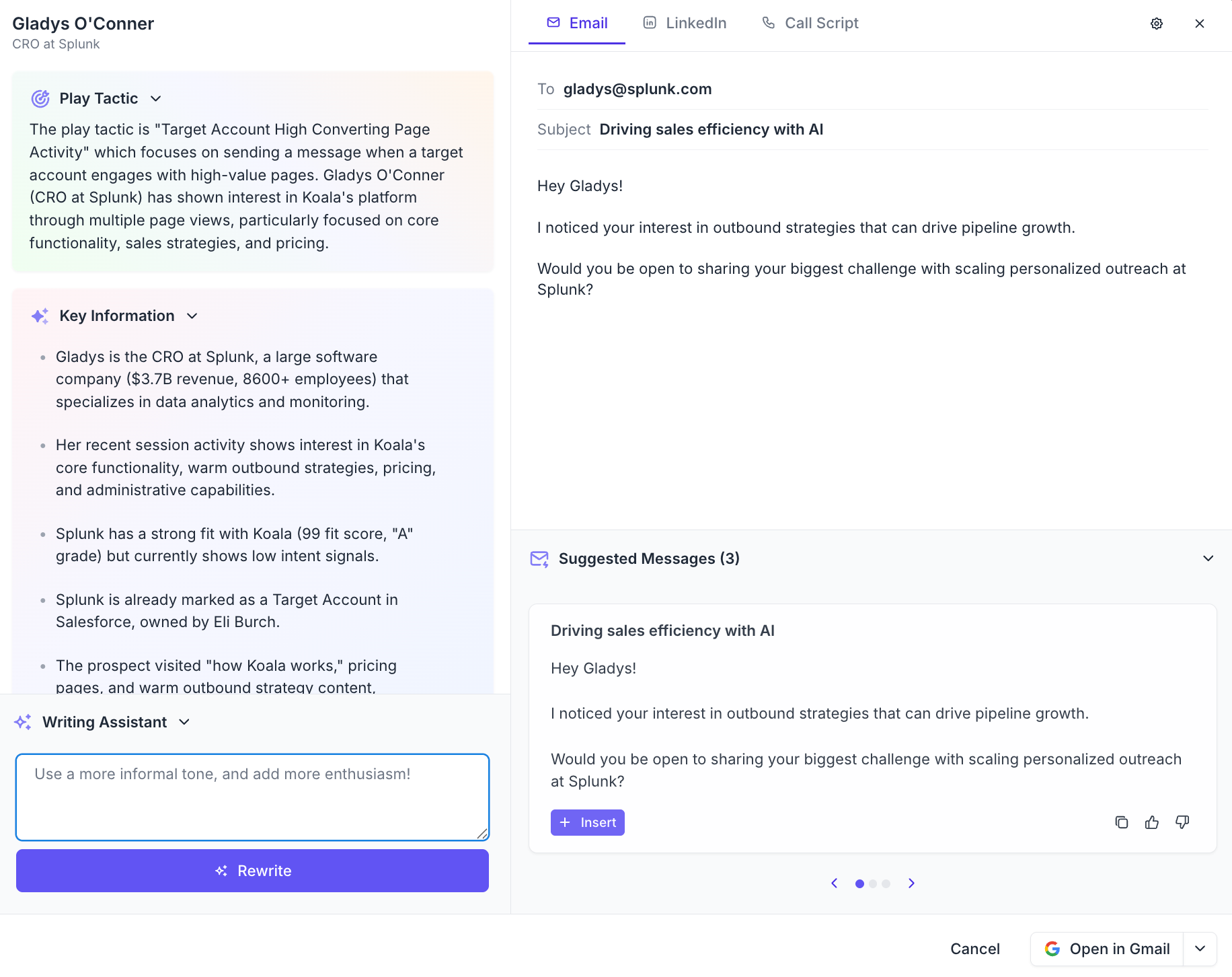 Koala Coach screen for proactive account strategy