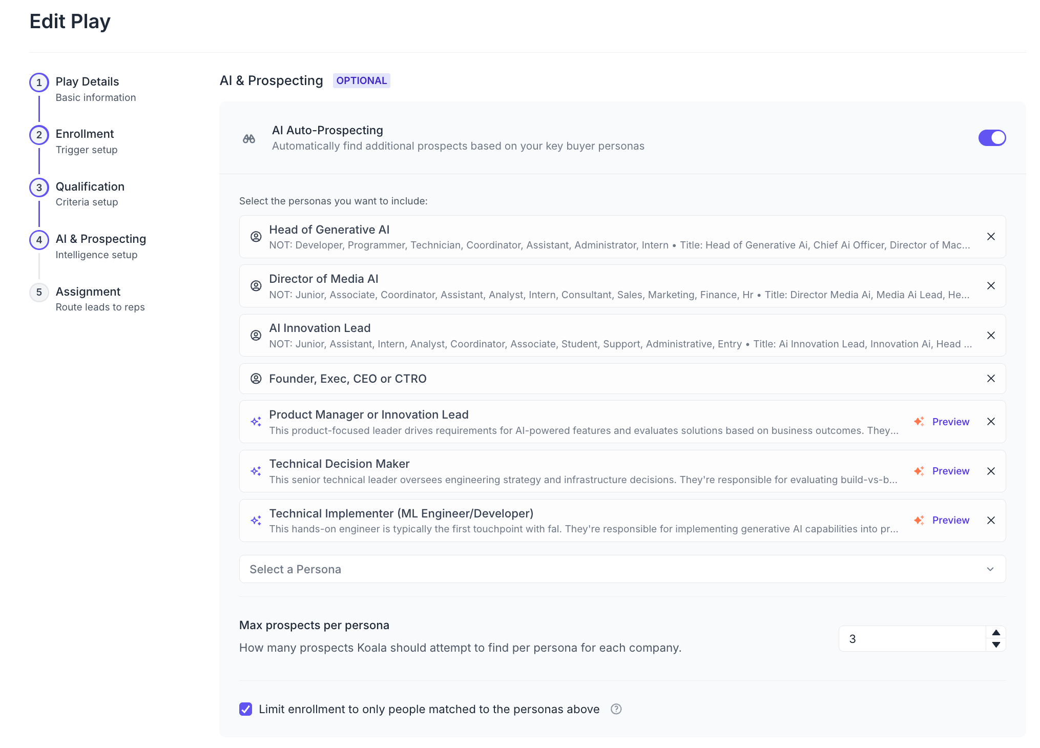 Turning on prospecting in Koala to find people at the lead's company that fit titles this company would sell to