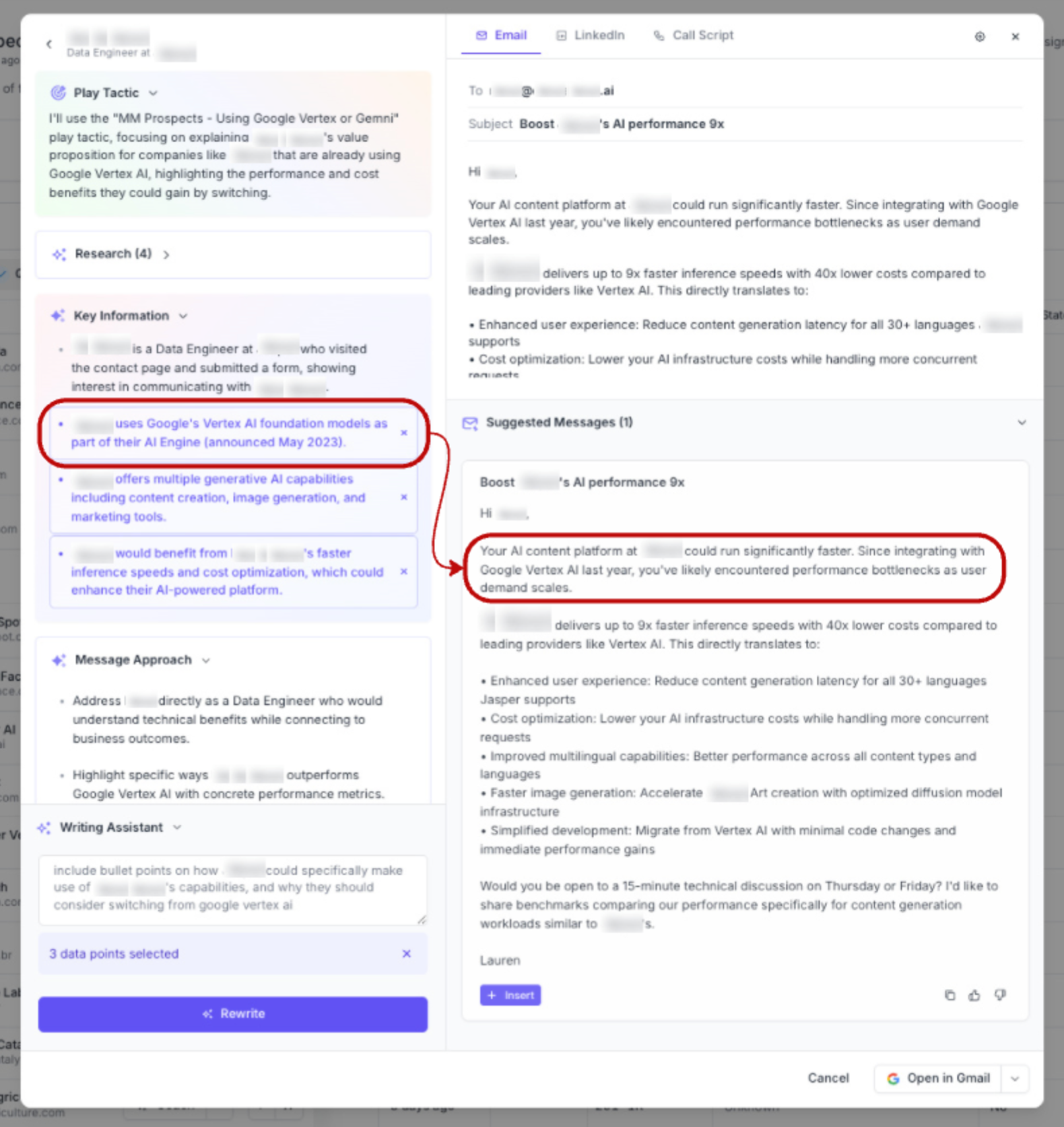 Koala Coach at work—connecting key insights from the CRM, signals, and AI research to personalized messaging