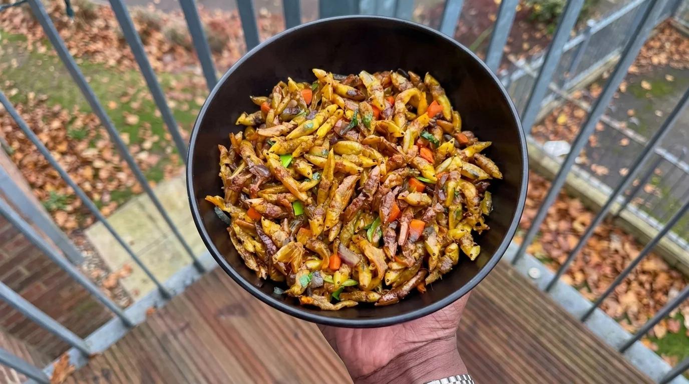 Bowl of fresh fried grasshoppers