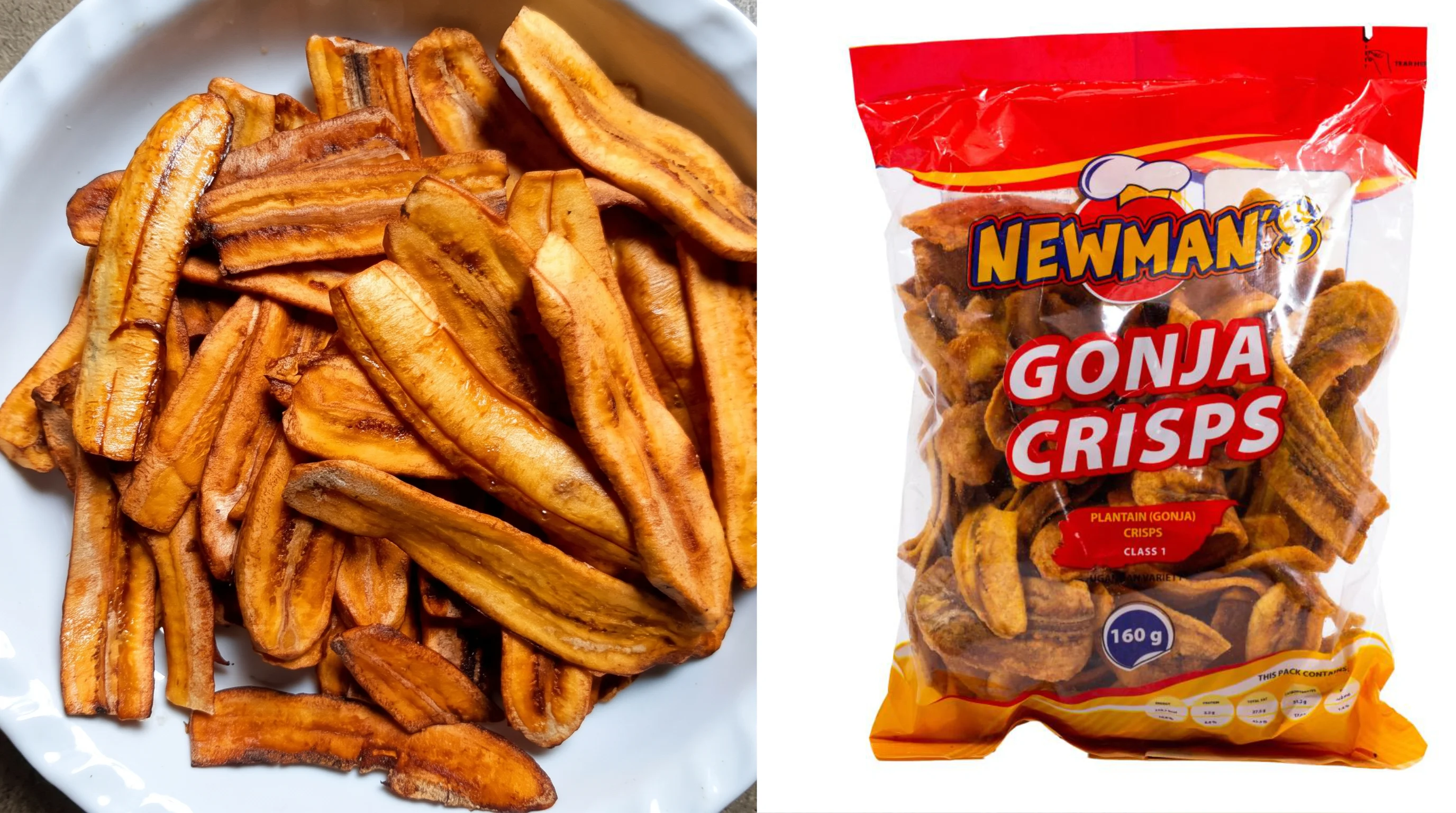 Freshly fried plantain slices alongside a bag of Newman's Gonja Crisps.