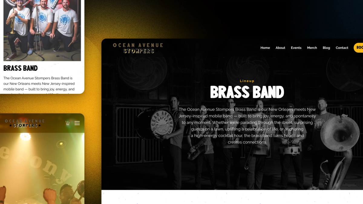 The Ocean Avenue Stompers website on desktop and mobile, showing the Brass Band lineup page and the boardwalk home page