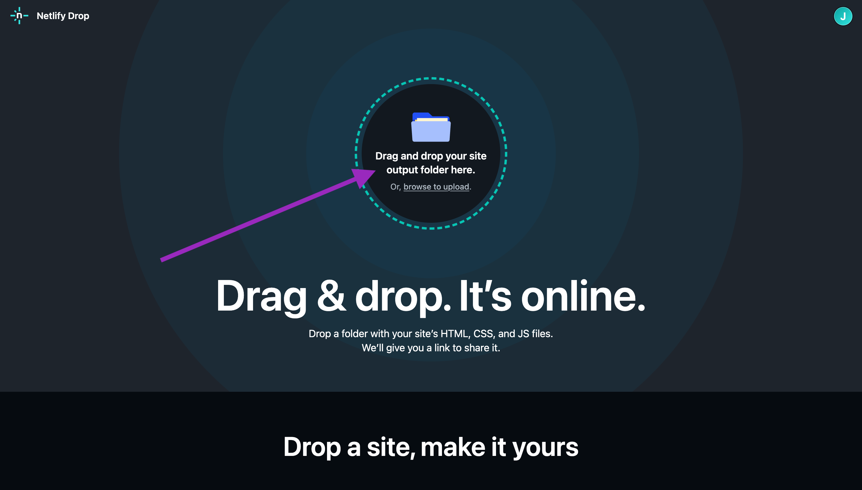 Netlify's drag and drop interface to upload a website folder