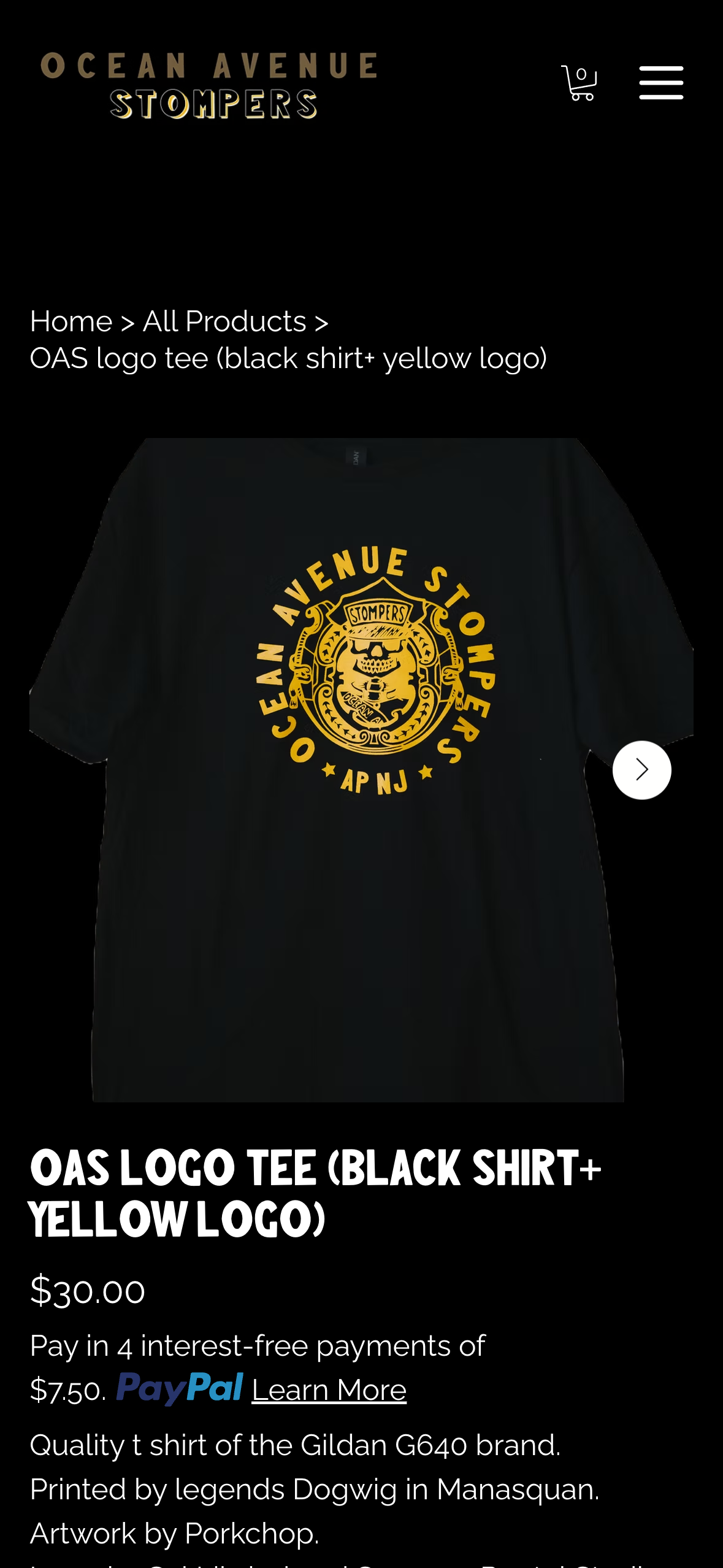 A logo tee product page in the merch store on a phone