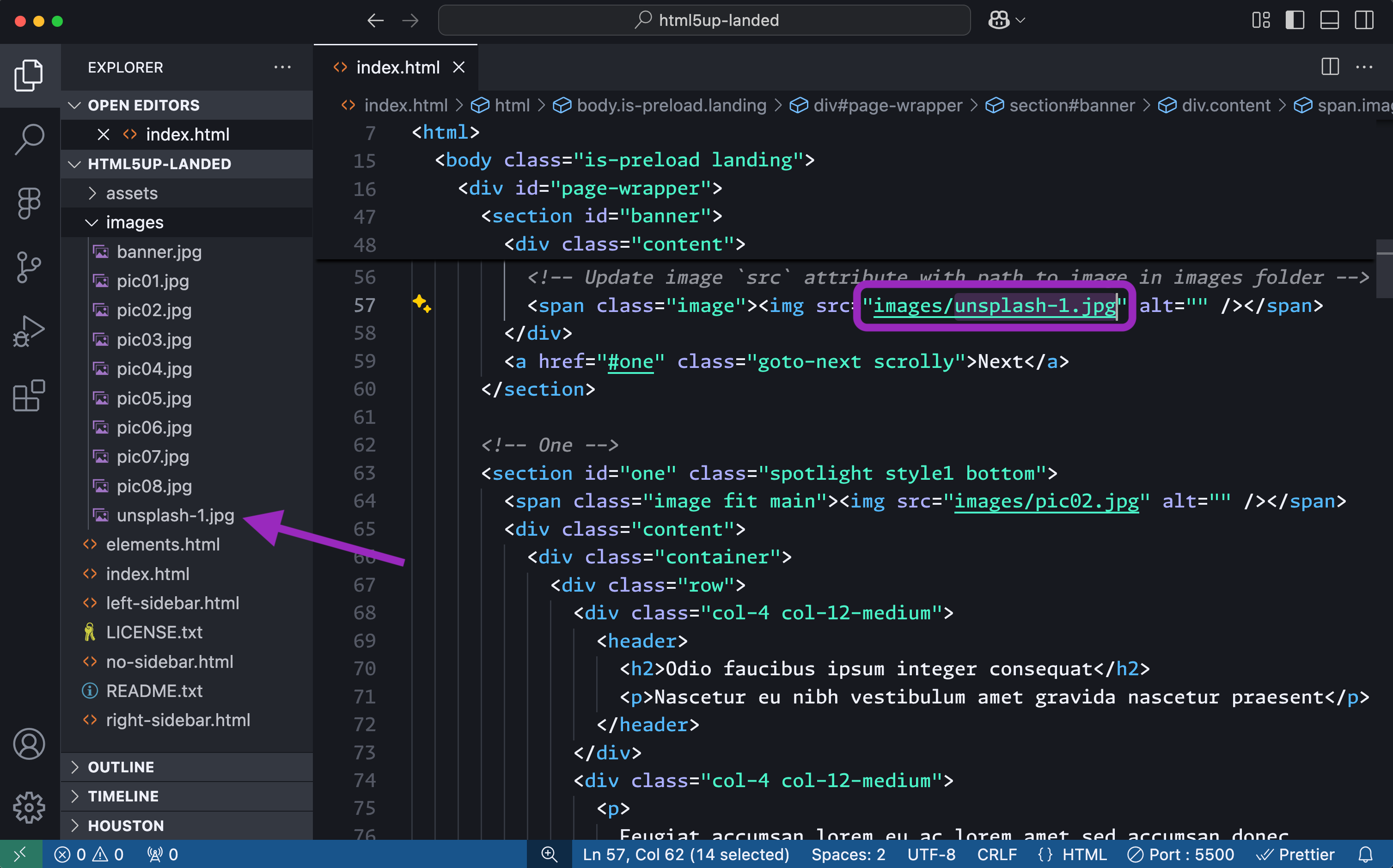 VS Code editor showing how to replace an image source path