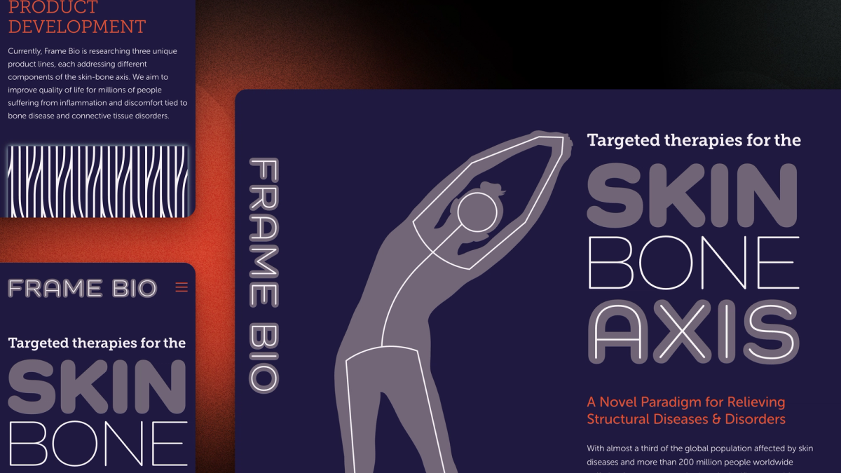 The Frame Bio website on desktop and mobile, showing the Skin Bone Axis hero and the Product Development section