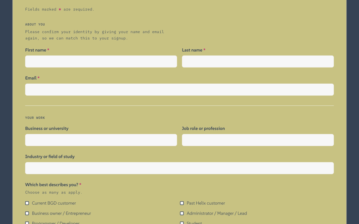 The beta application form on desktop, with empty name, email and work fields