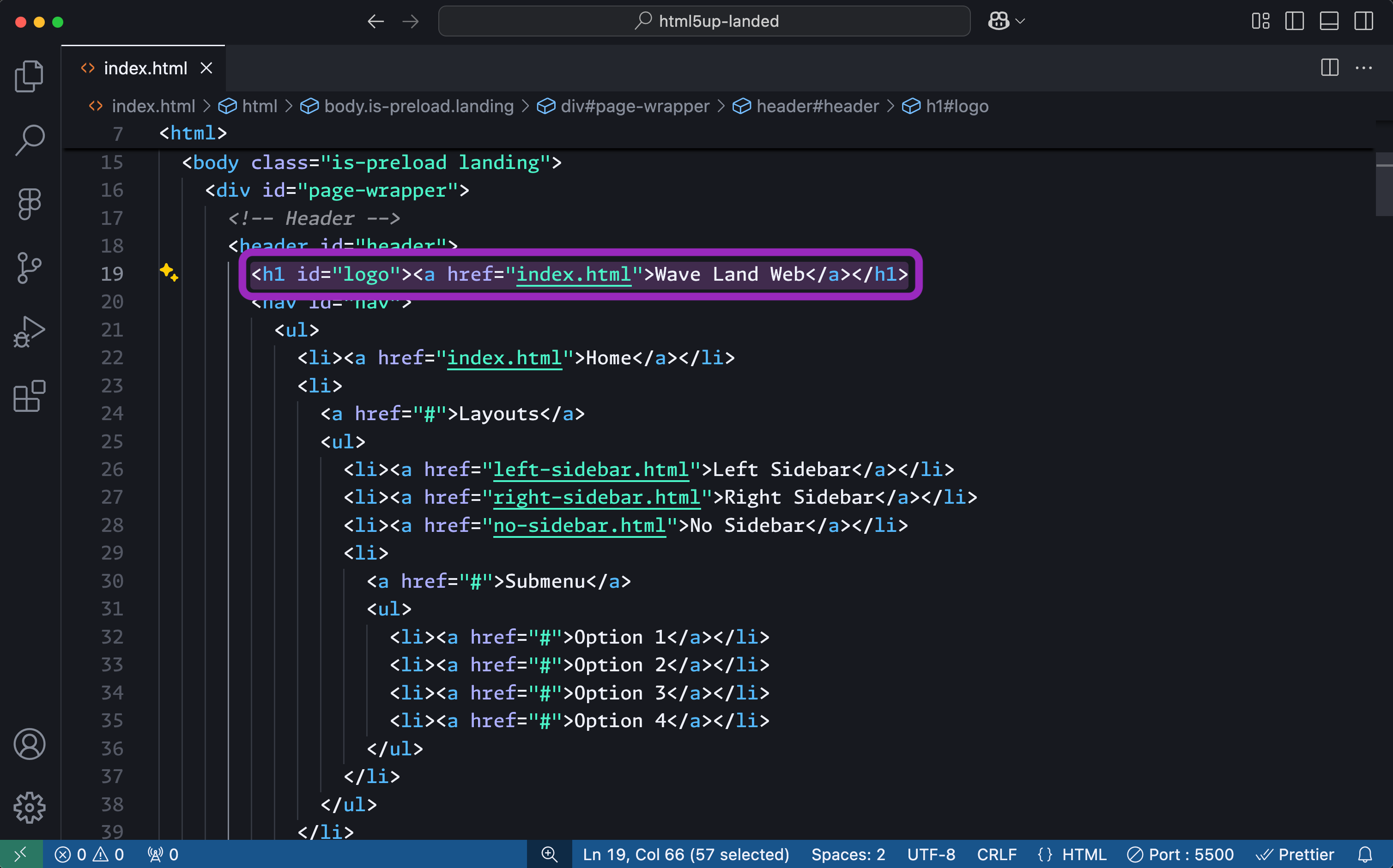 VS Code editor showing how to update the `<h1>` HTML tags content