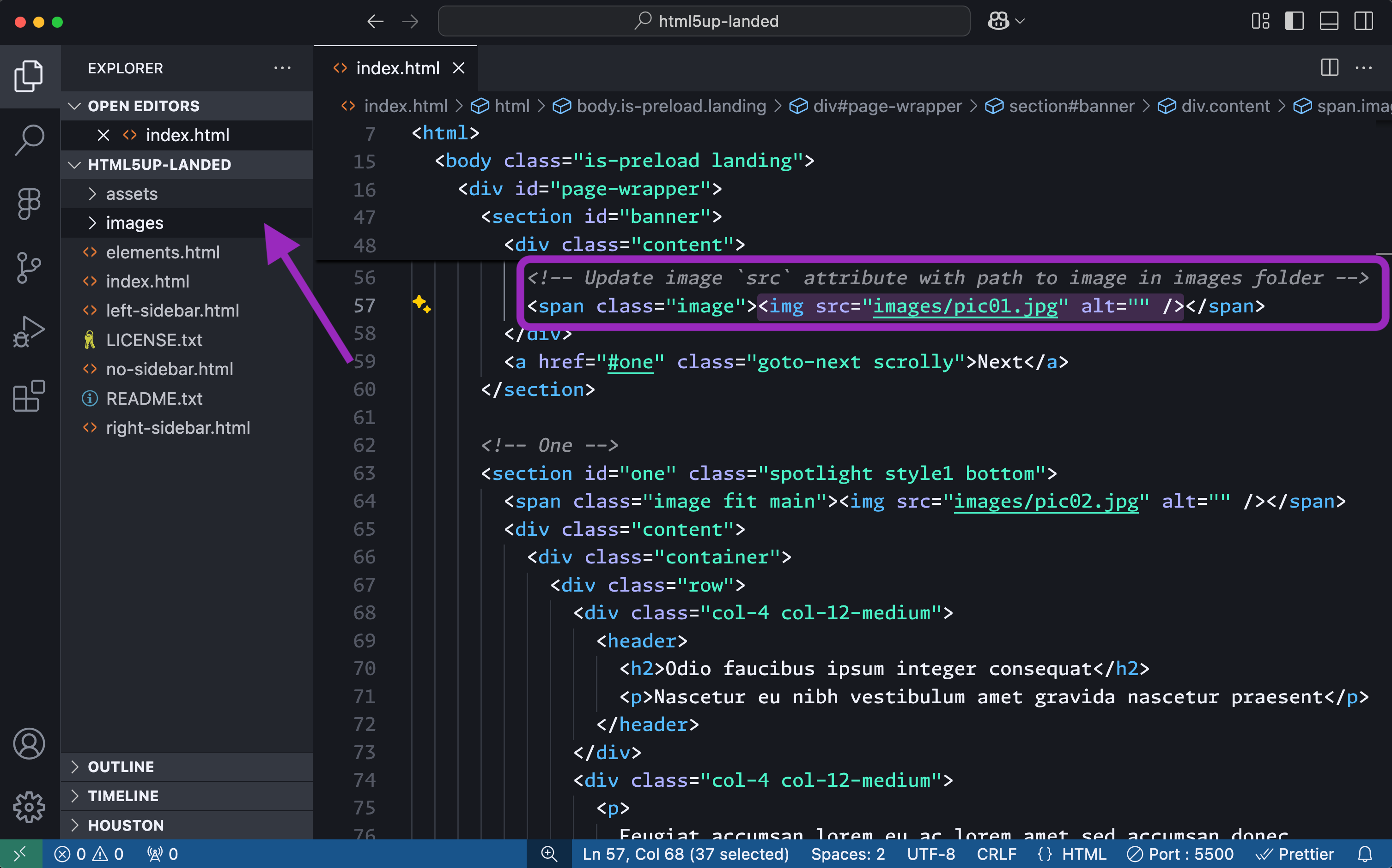 VS Code editor showing where to update an `<img>` tag