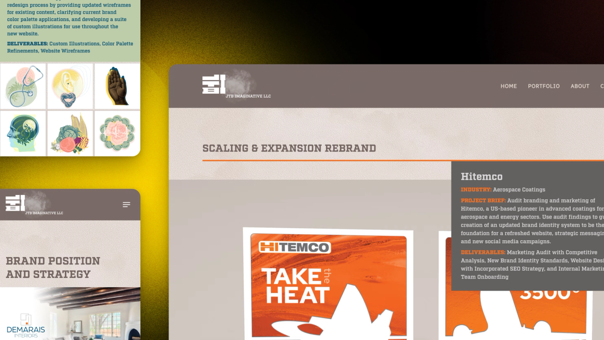 JTB Imaginative project pages on desktop and mobile: the Hitemco rebrand, the 2BWell illustrations and DeMarais Interiors