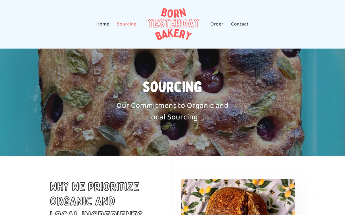 Born Yesterday Bakery's Sourcing page on desktop