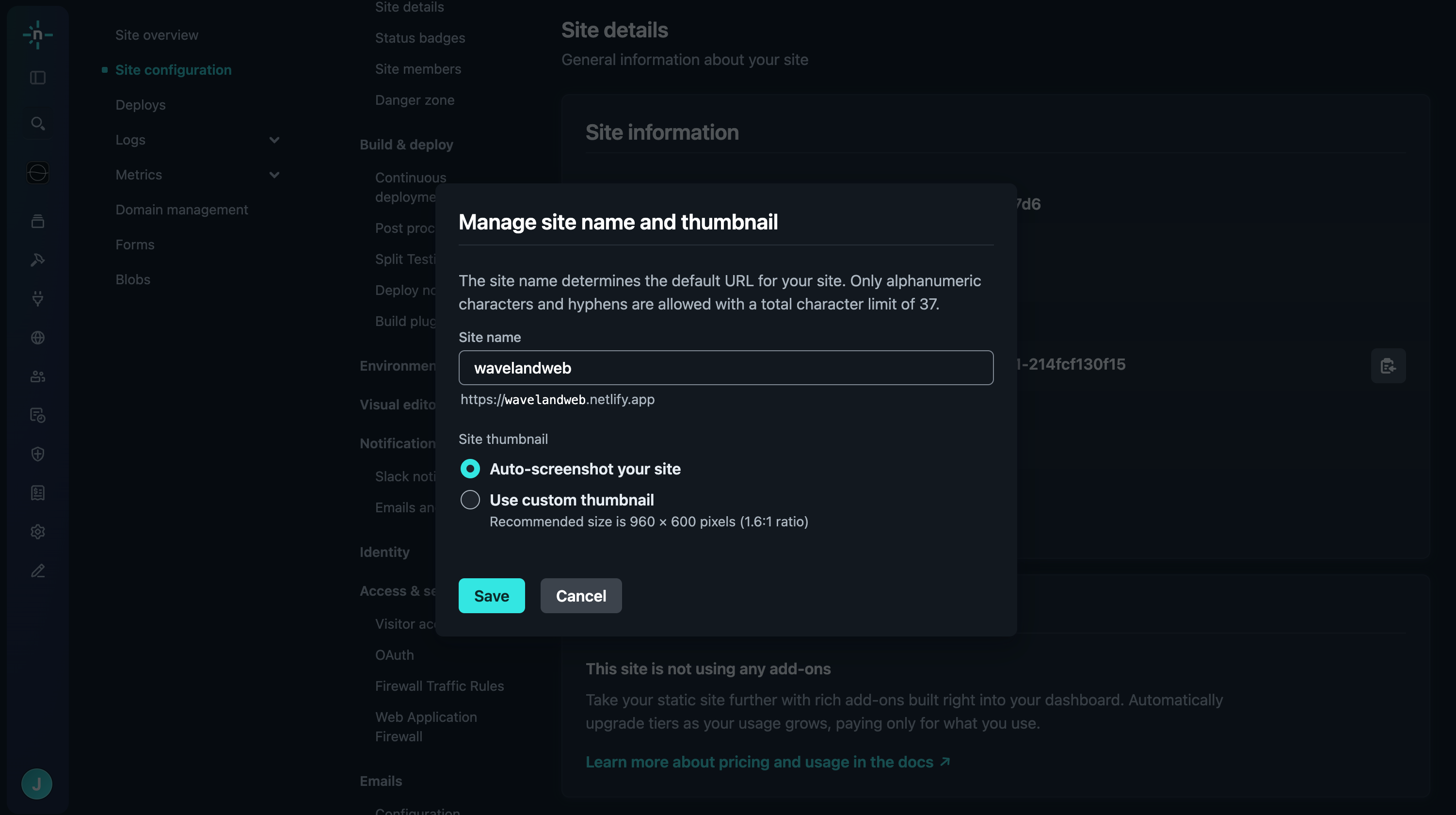 Netlify site configuration showing how to update a website subdomain.