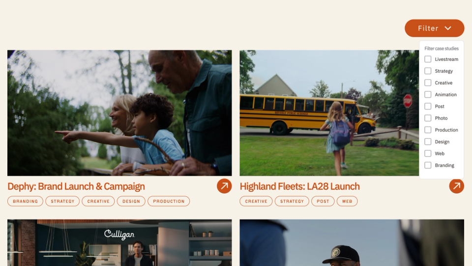 The Story Shack's Work page with the filter open, listing project types from Livestream to Branding
