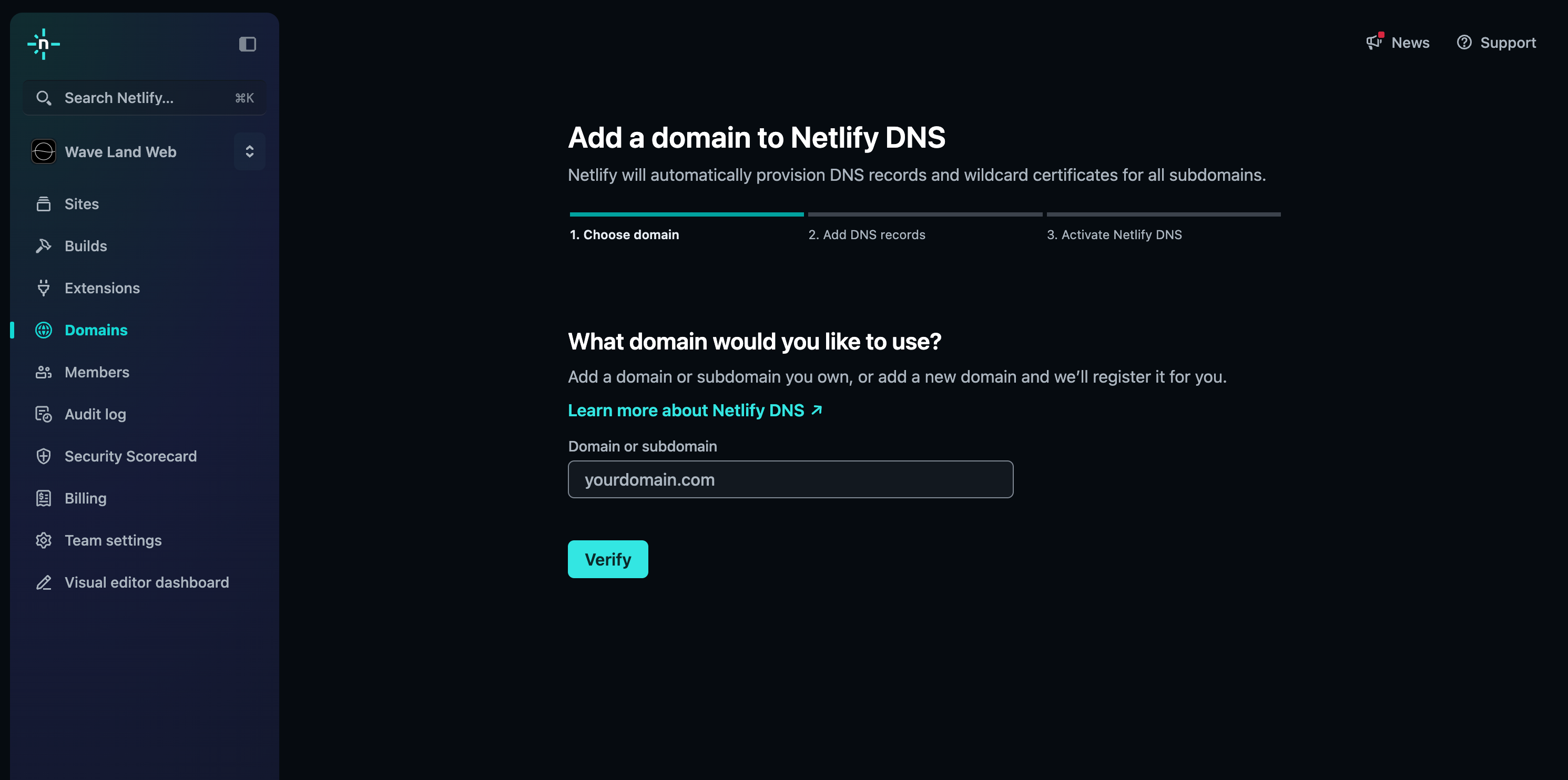 Netlify dashboard showing how to purchase or connect an existing domain