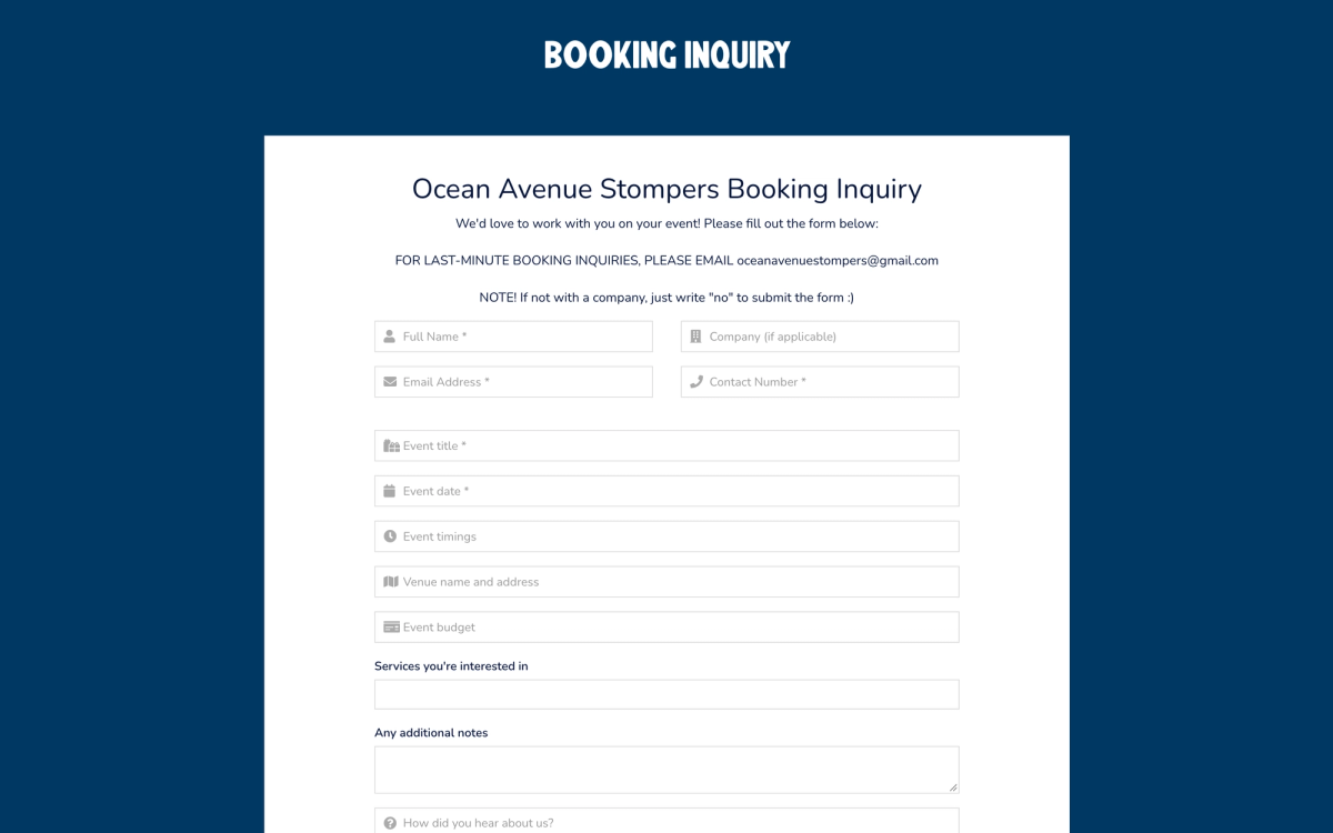 The booking inquiry form on desktop