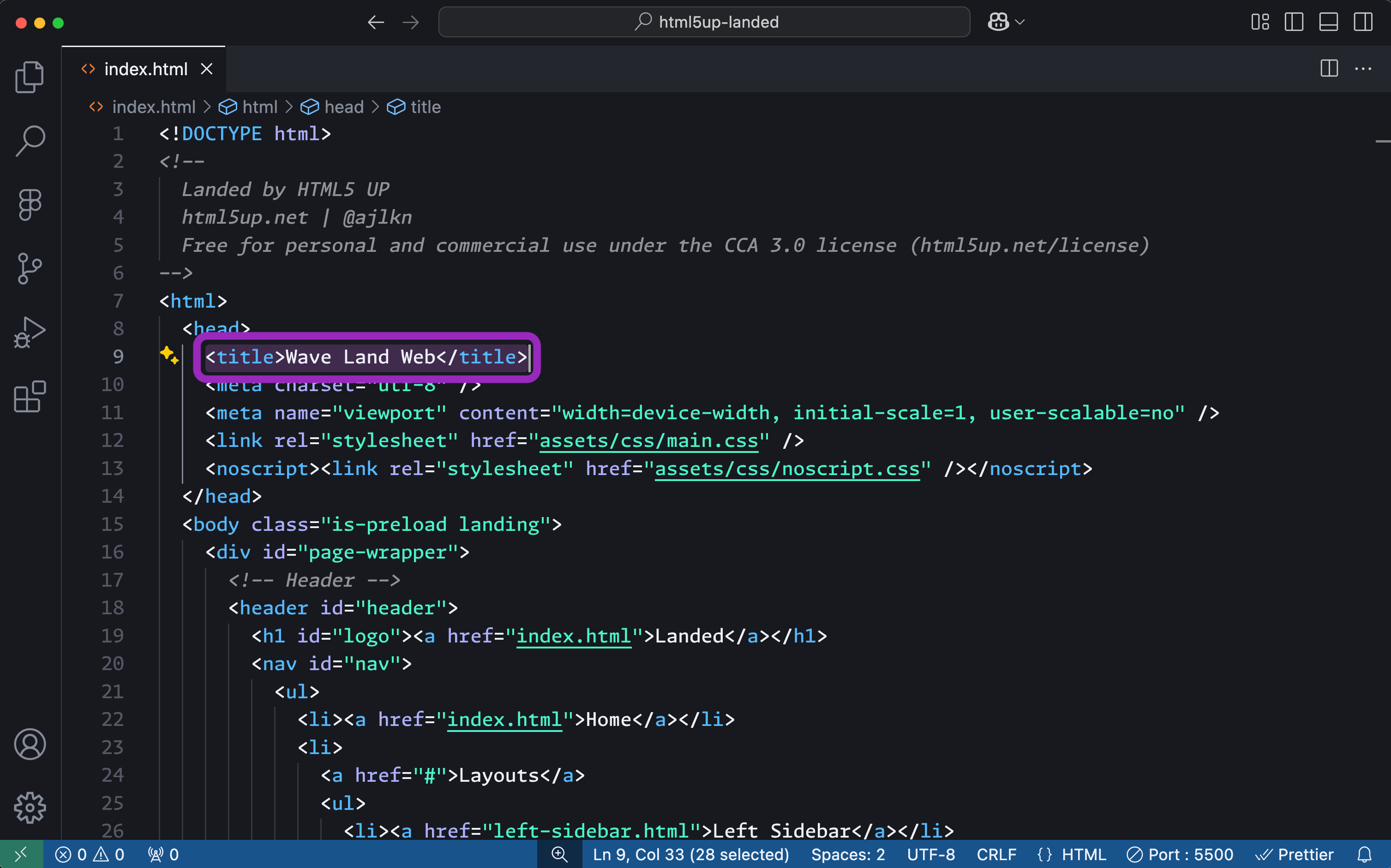 VS Code editor showing how to update the `<title>` HTML tags content