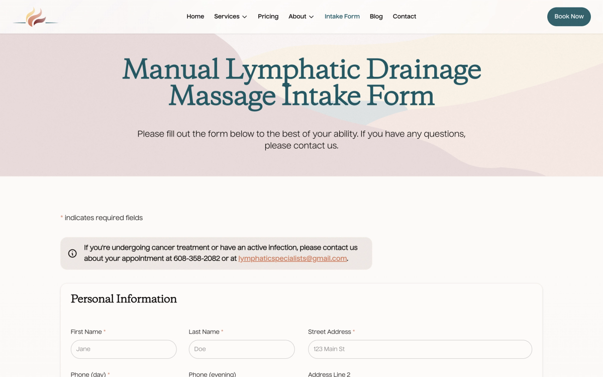 Lymphatic Specialists of Madison's online intake form, empty, on desktop