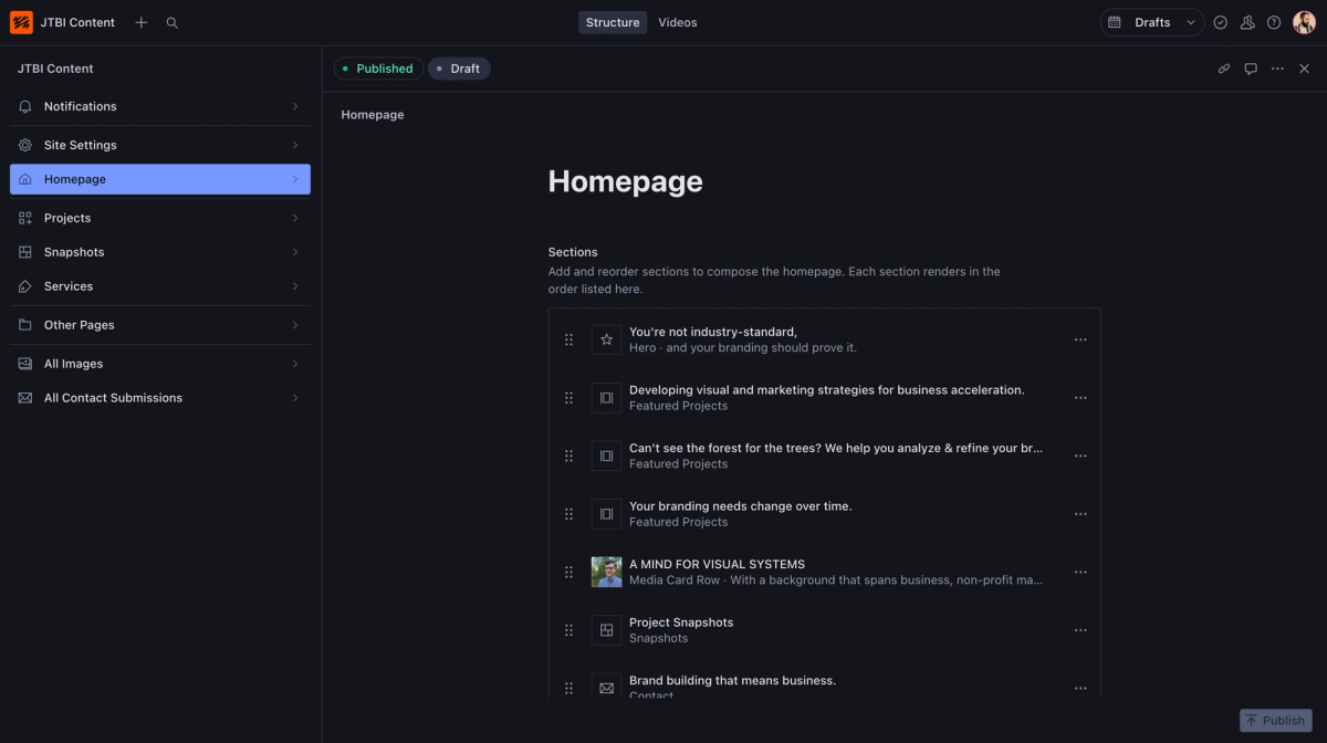 Jeffrey's Sanity Studio with the homepage open: the menu on the left, and the homepage built from sections he can add and reorder