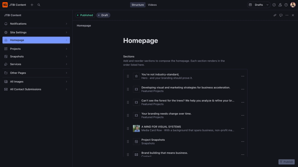 Jeffrey's Sanity Studio with the homepage open: the menu on the left, and the homepage built from sections he can add and reorder