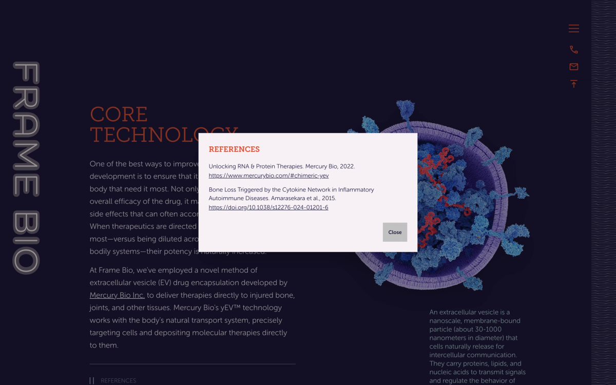 Frame Bio's Core Technology section with its References pop-up open, listing two cited sources