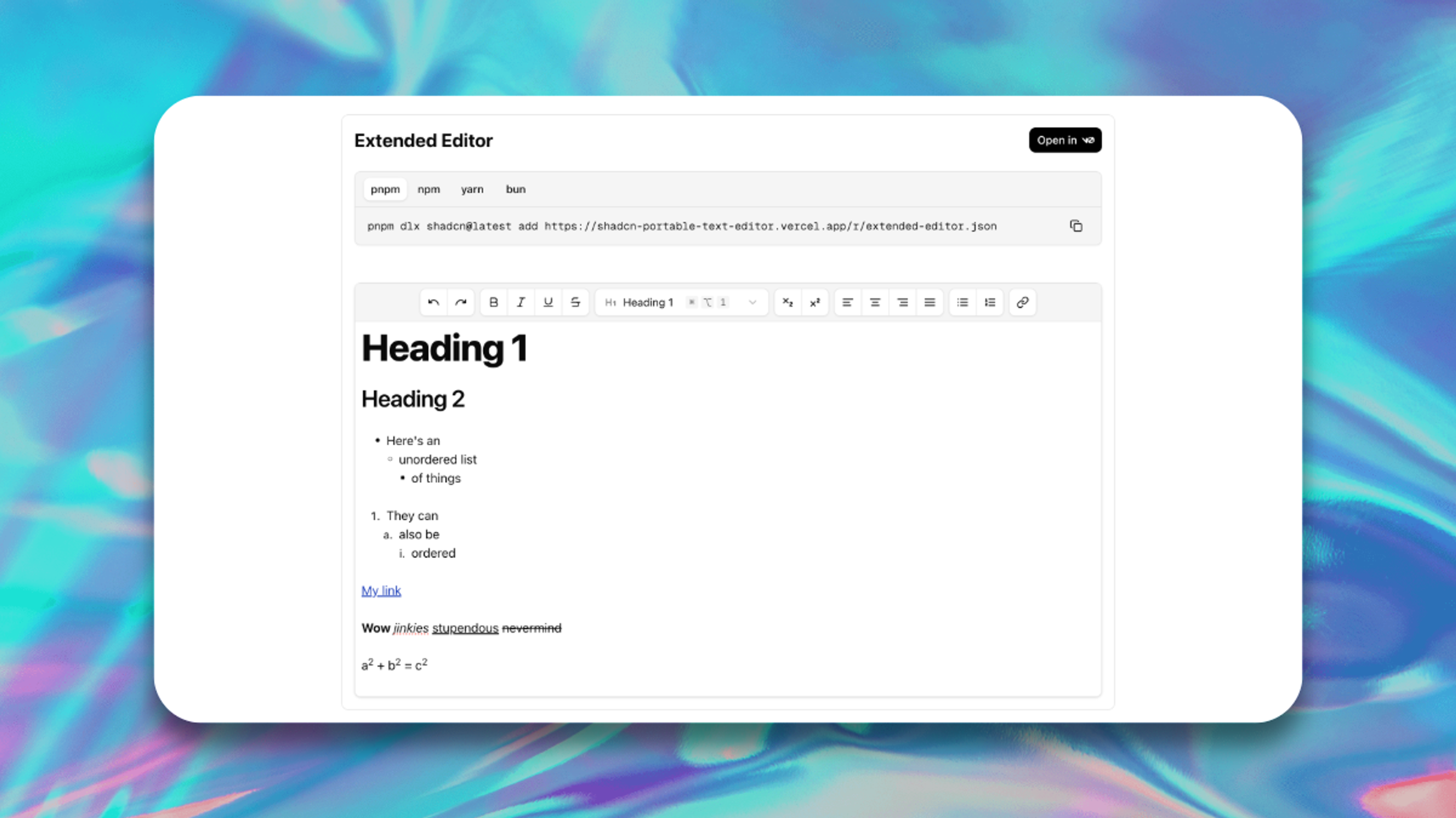 A rich text editor with various styles and decorators applied