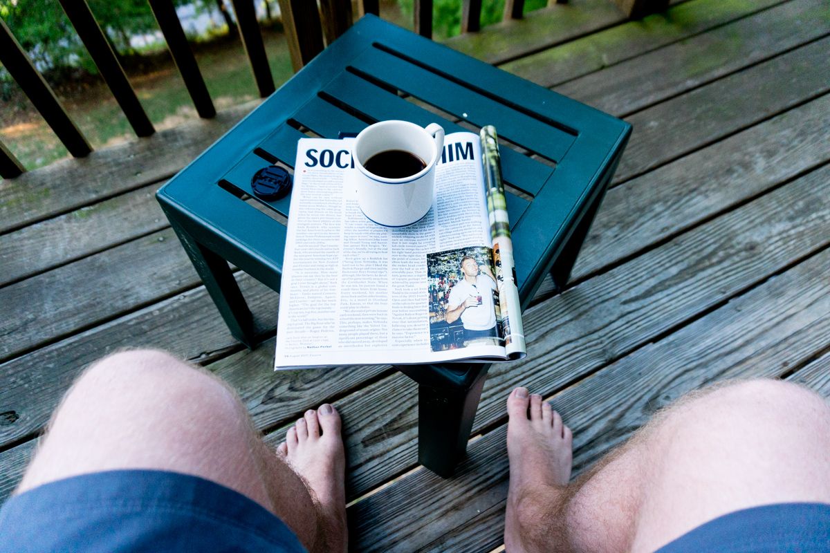 Me hanging out drinking a coffee and reading a magazine in Massanutten, Virginia