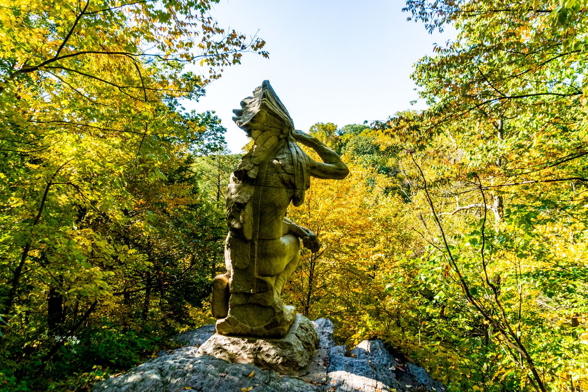 A view of the Teedyuscung sculpture as seen from behind