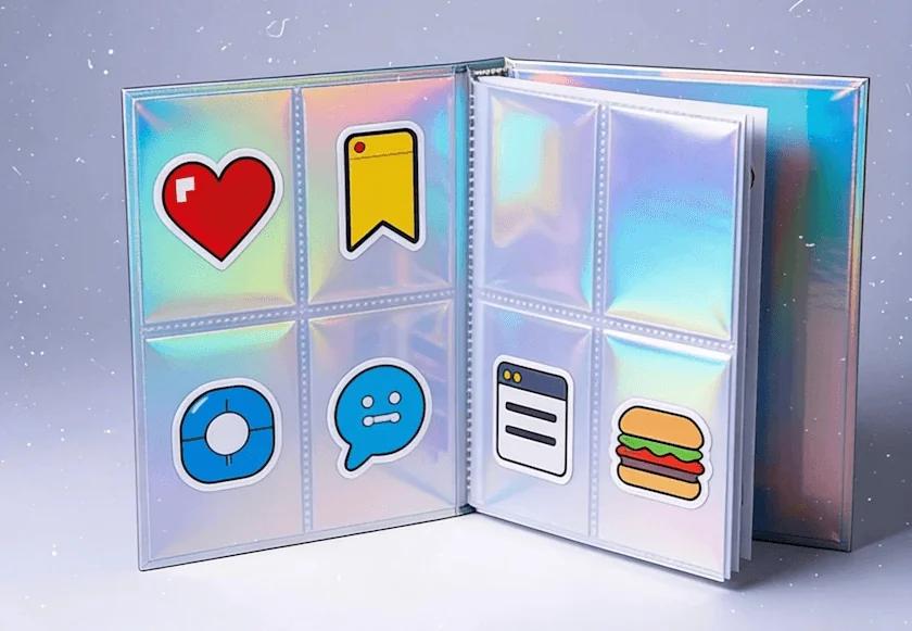 common UI icons (heart, bookmark, share, kebab menu, hamburger menu) with multiple plausible meanings listed underneath each to make the point “symbols depend on convention.”