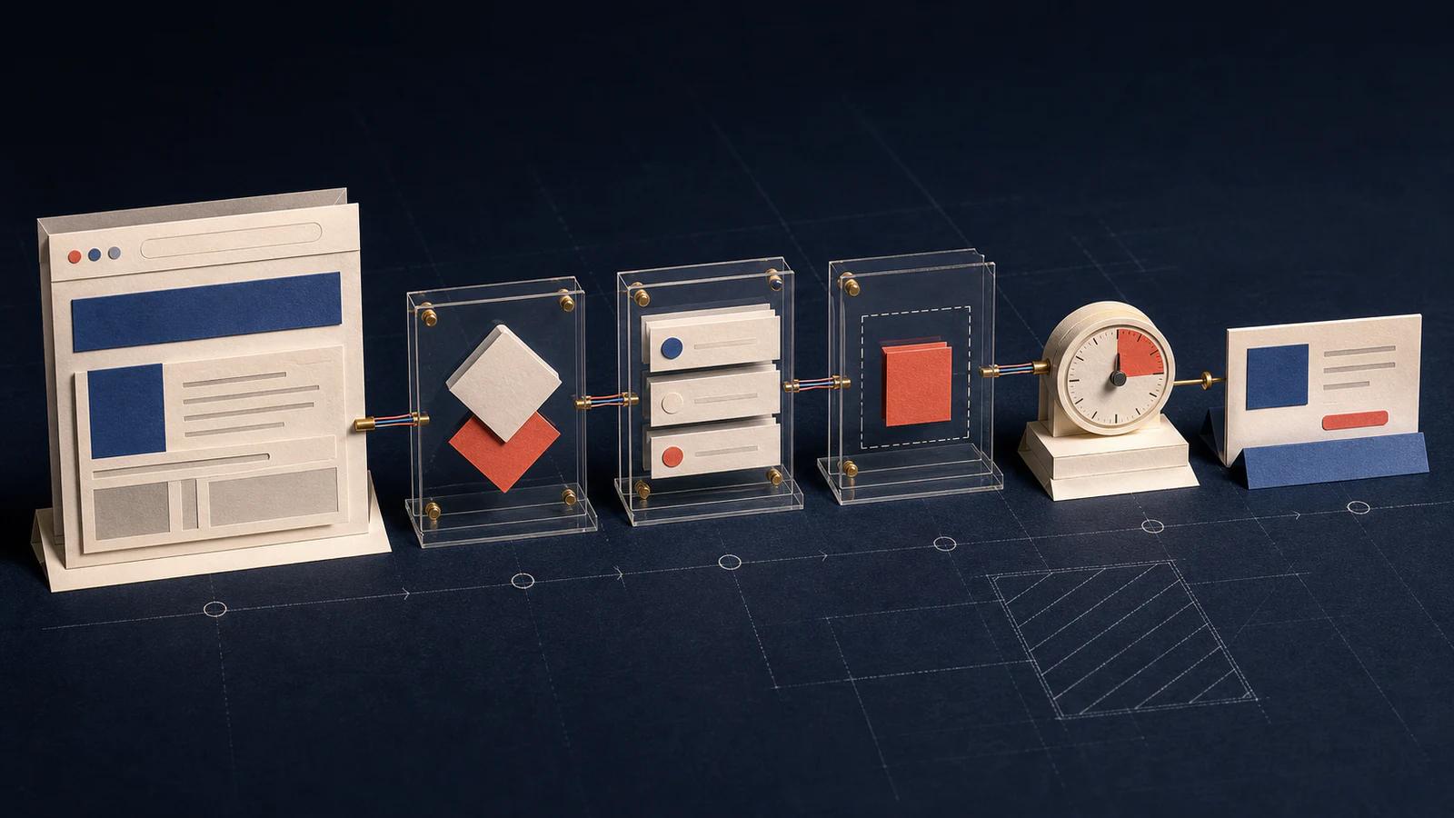 A physical rendering chain connecting a browser, queued scripts, a delayed element and a timer.