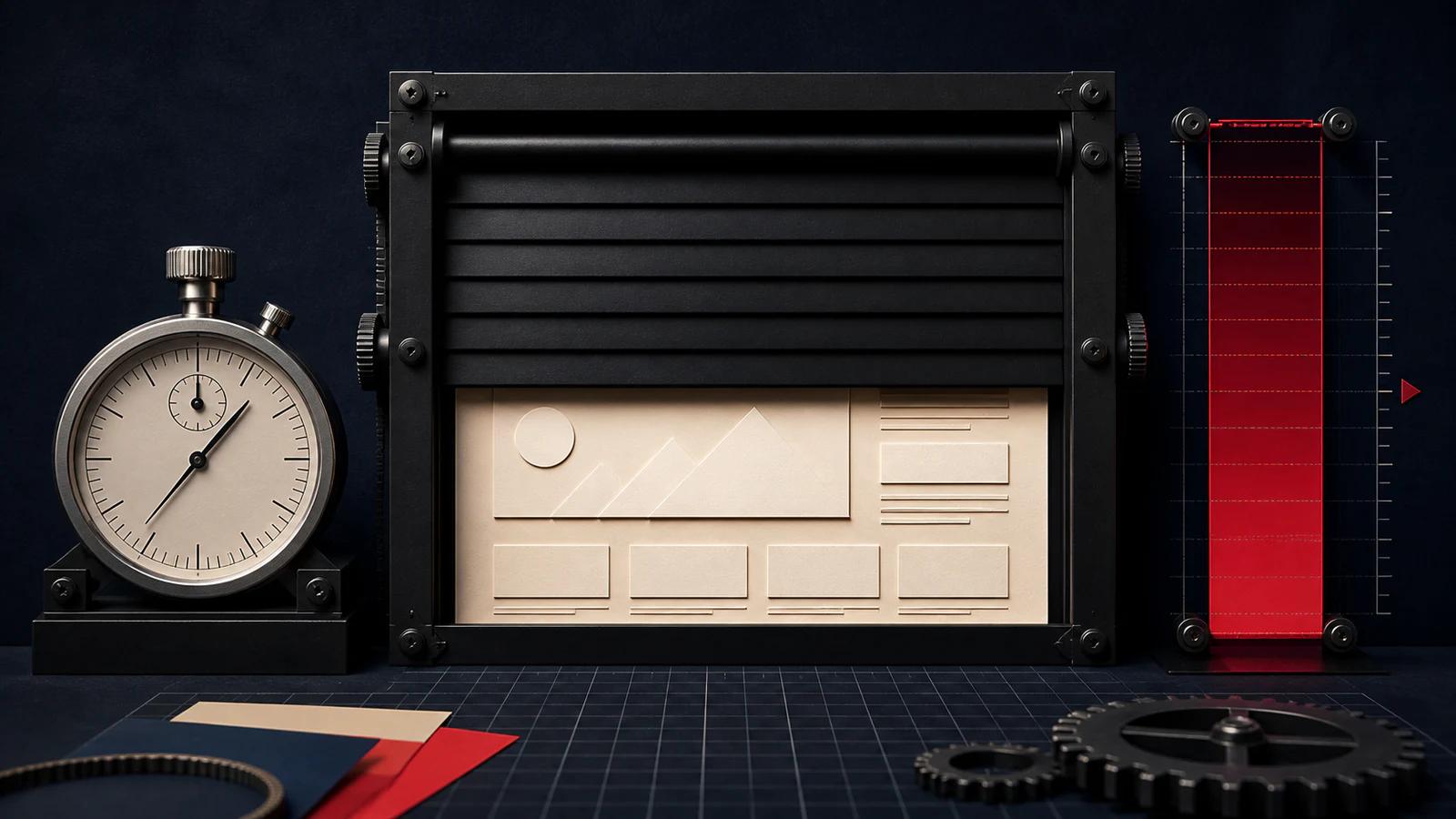 A web interface concealed behind a mechanical shutter while a timer measures the blank delay.