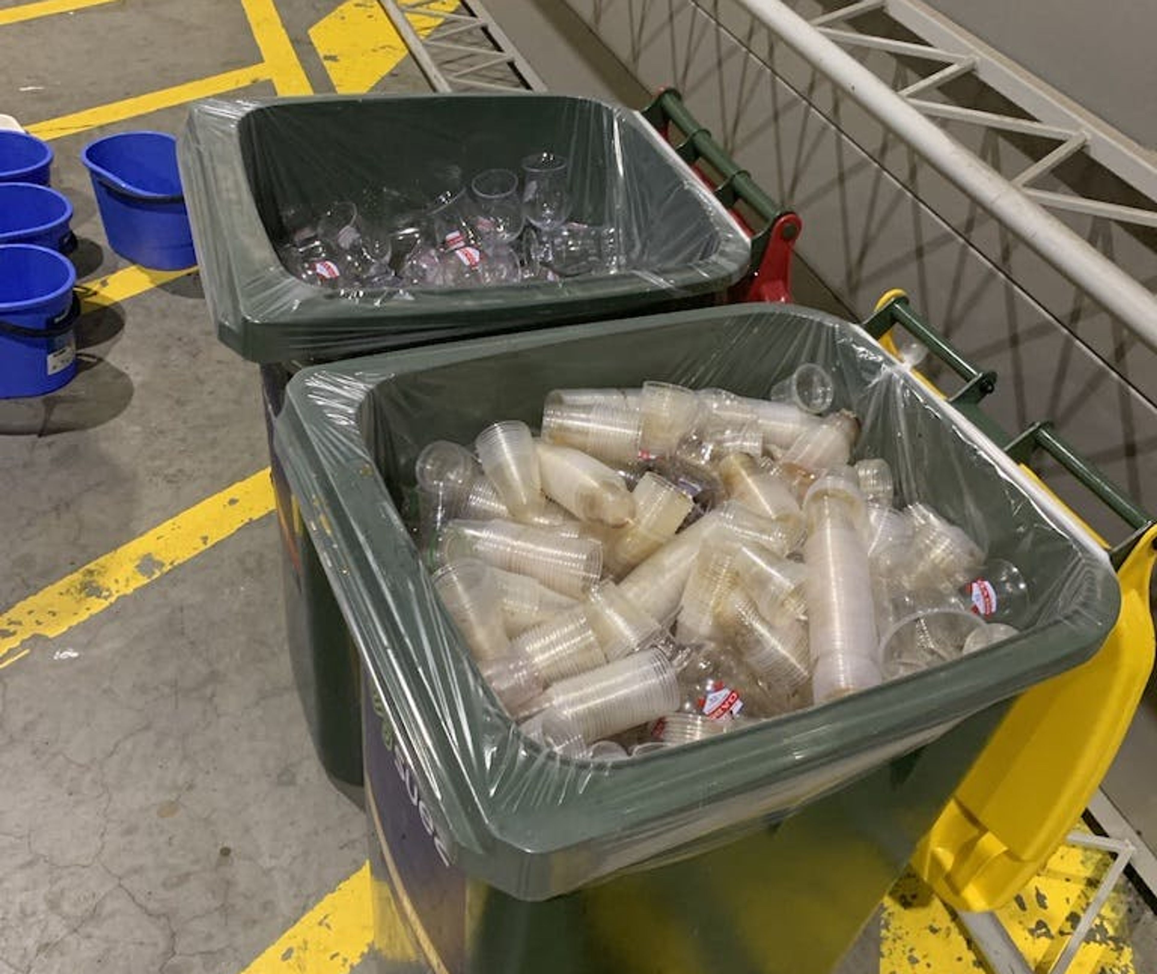 Bins full of recyclable cups and other bin with plastic glasses