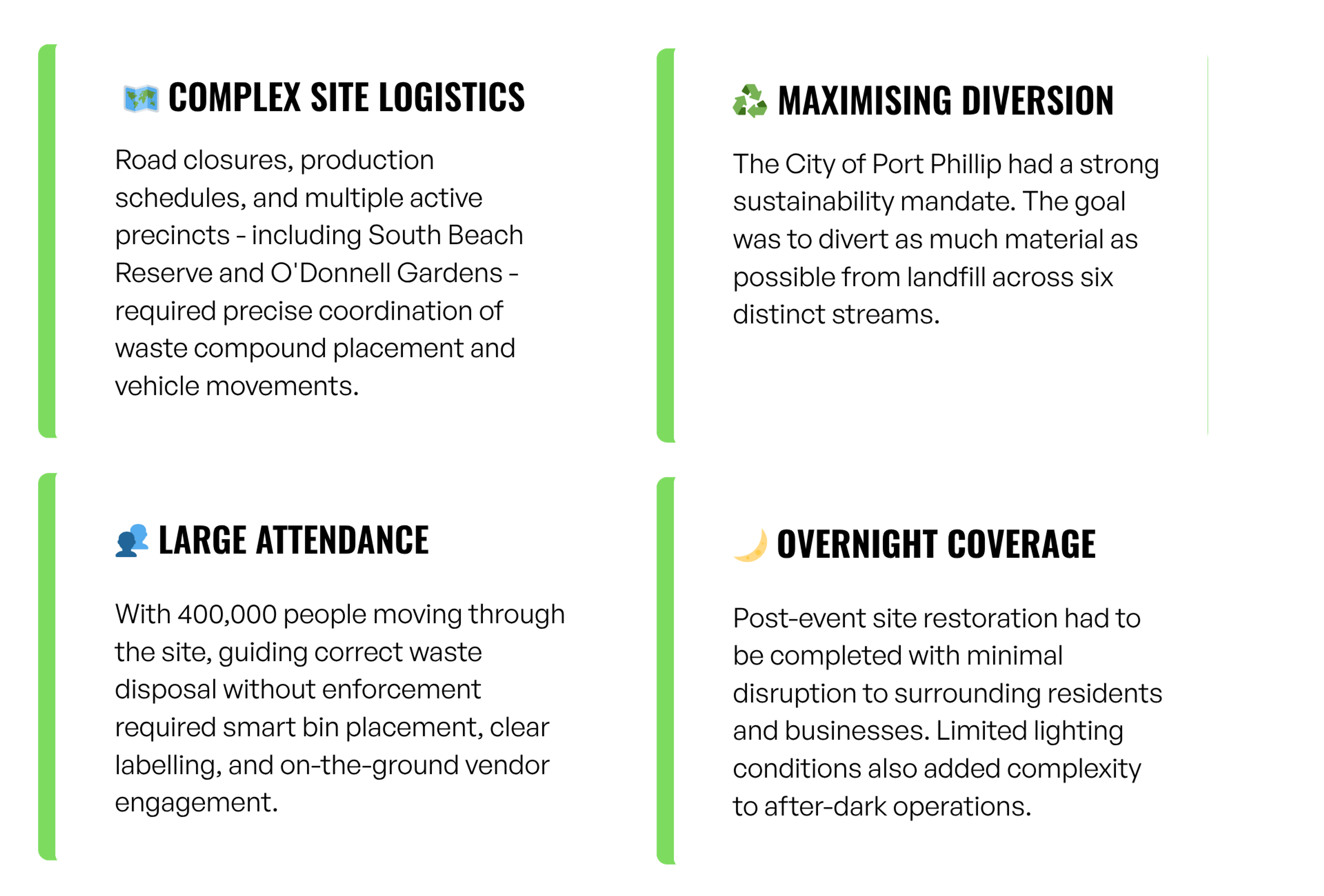 Complex Site Logistics, Maximising Diversion, Large Attendance, Overnight Coverage 