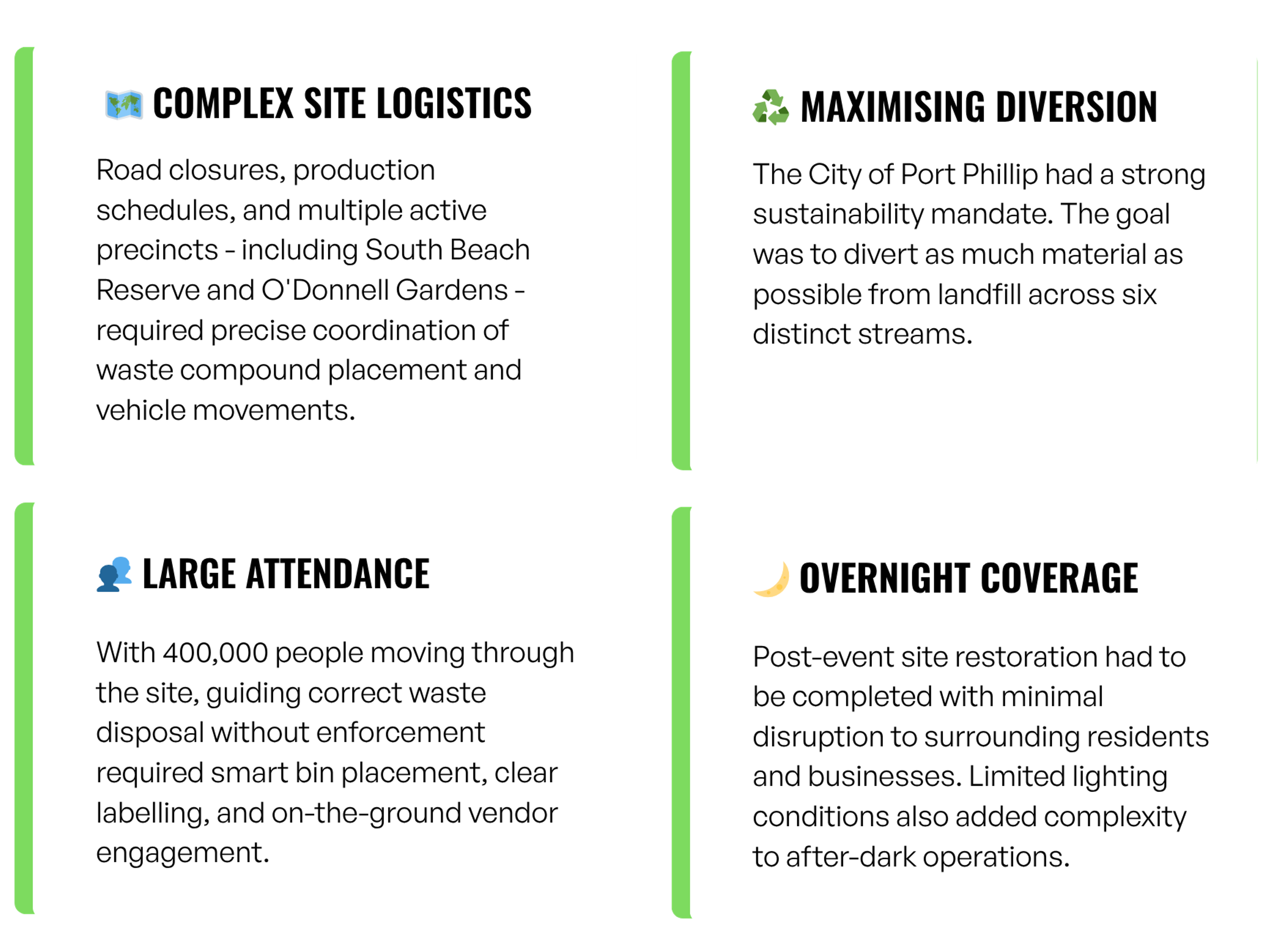 Complex Site Logistics, Maximising Diversion, Large Attendance, Overnight Coverage