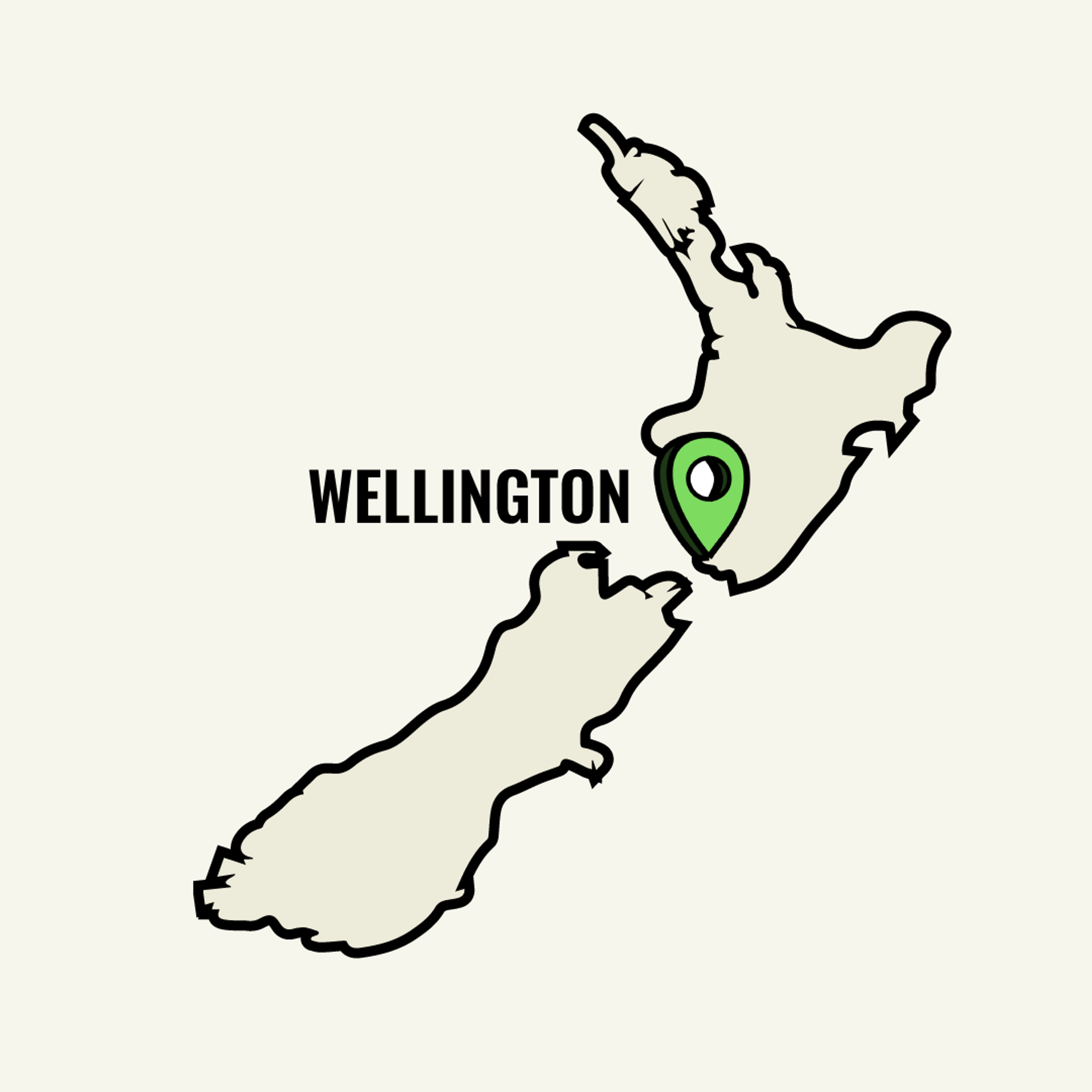 Map of New Zealand showcasing Wellington location point