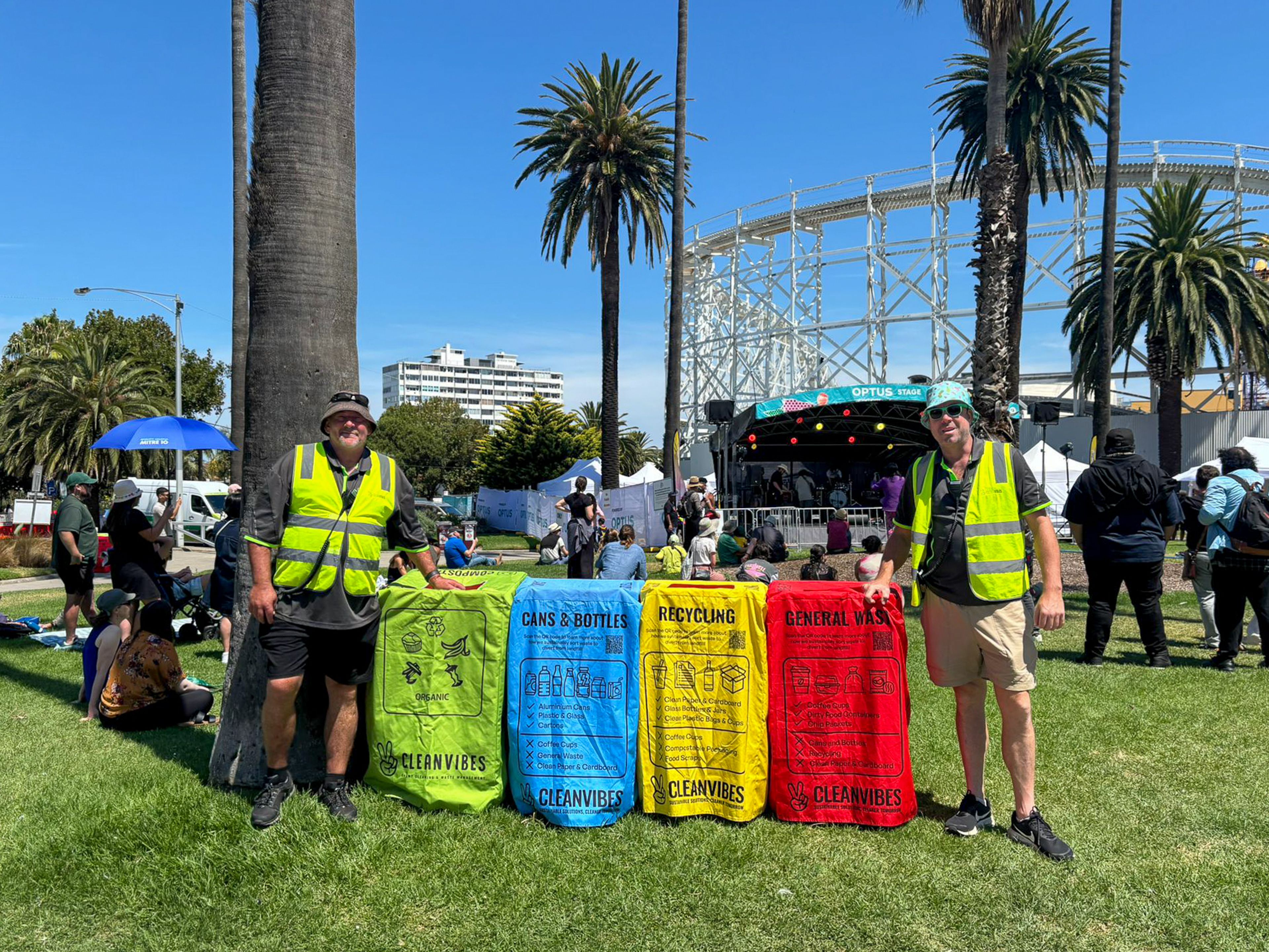 Clean Vibes bins and staff at St Kilda Fest