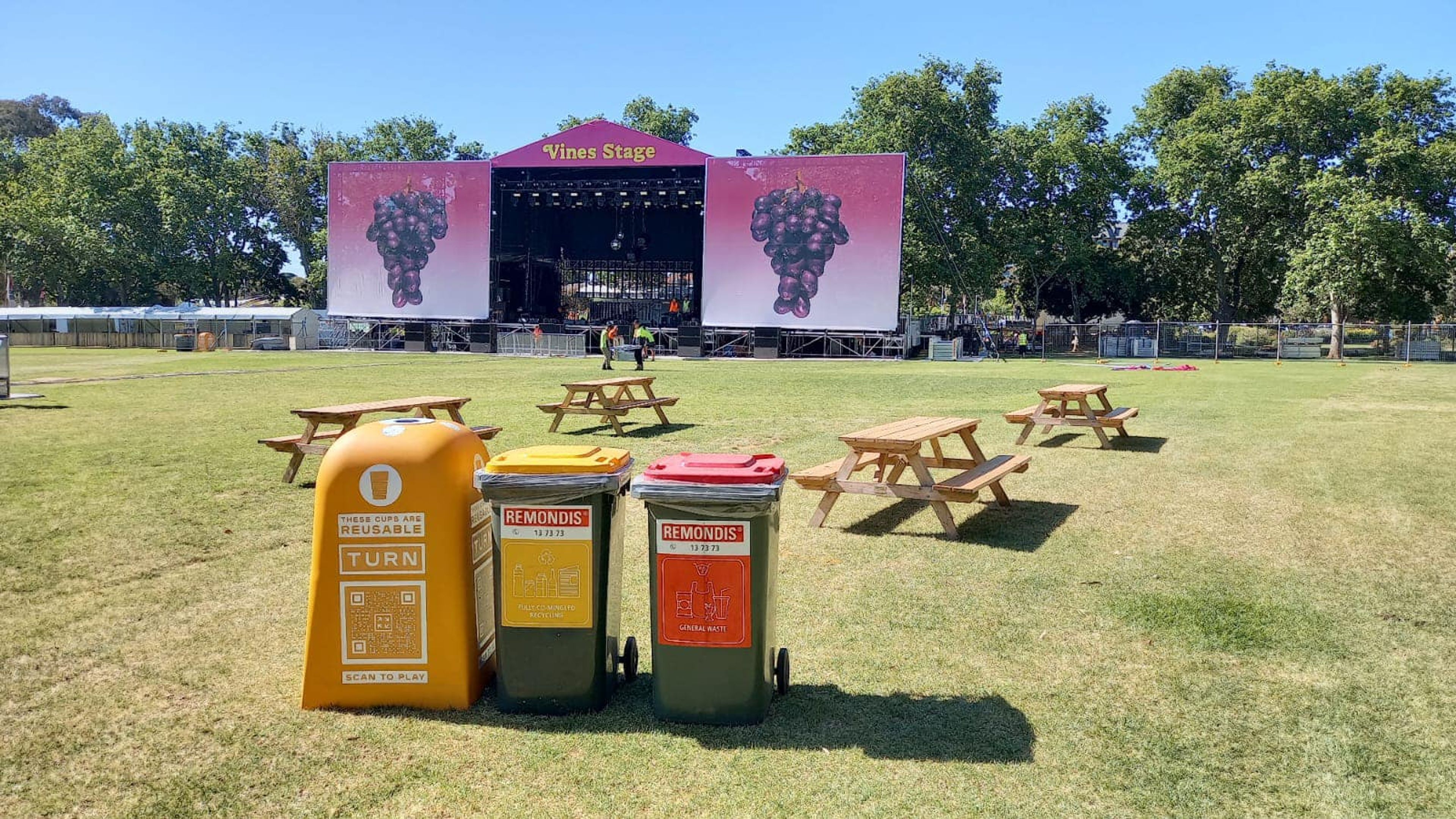 Bins set up in front of Vines stage main stage