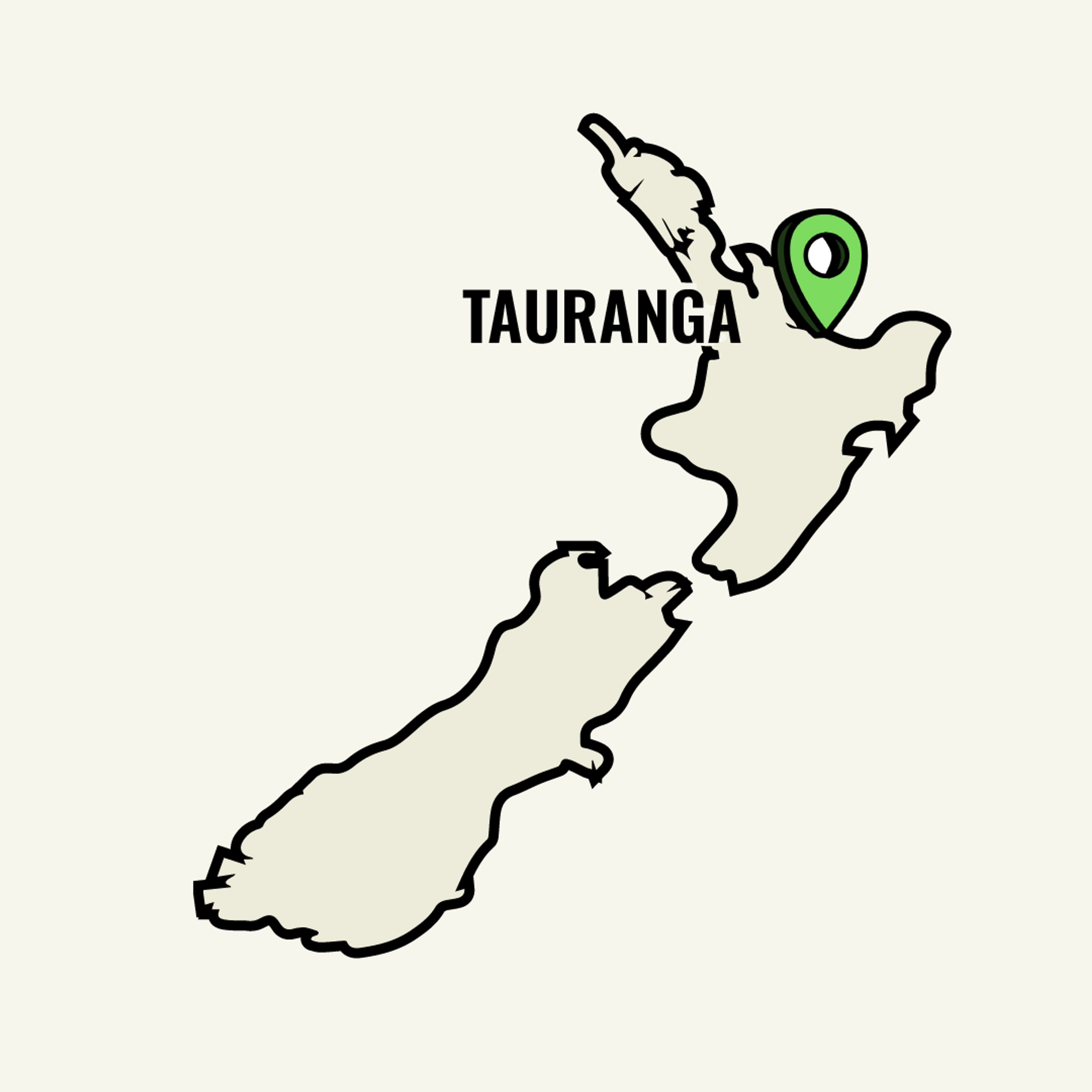 Map of New Zealand showcasing Tauranga location point